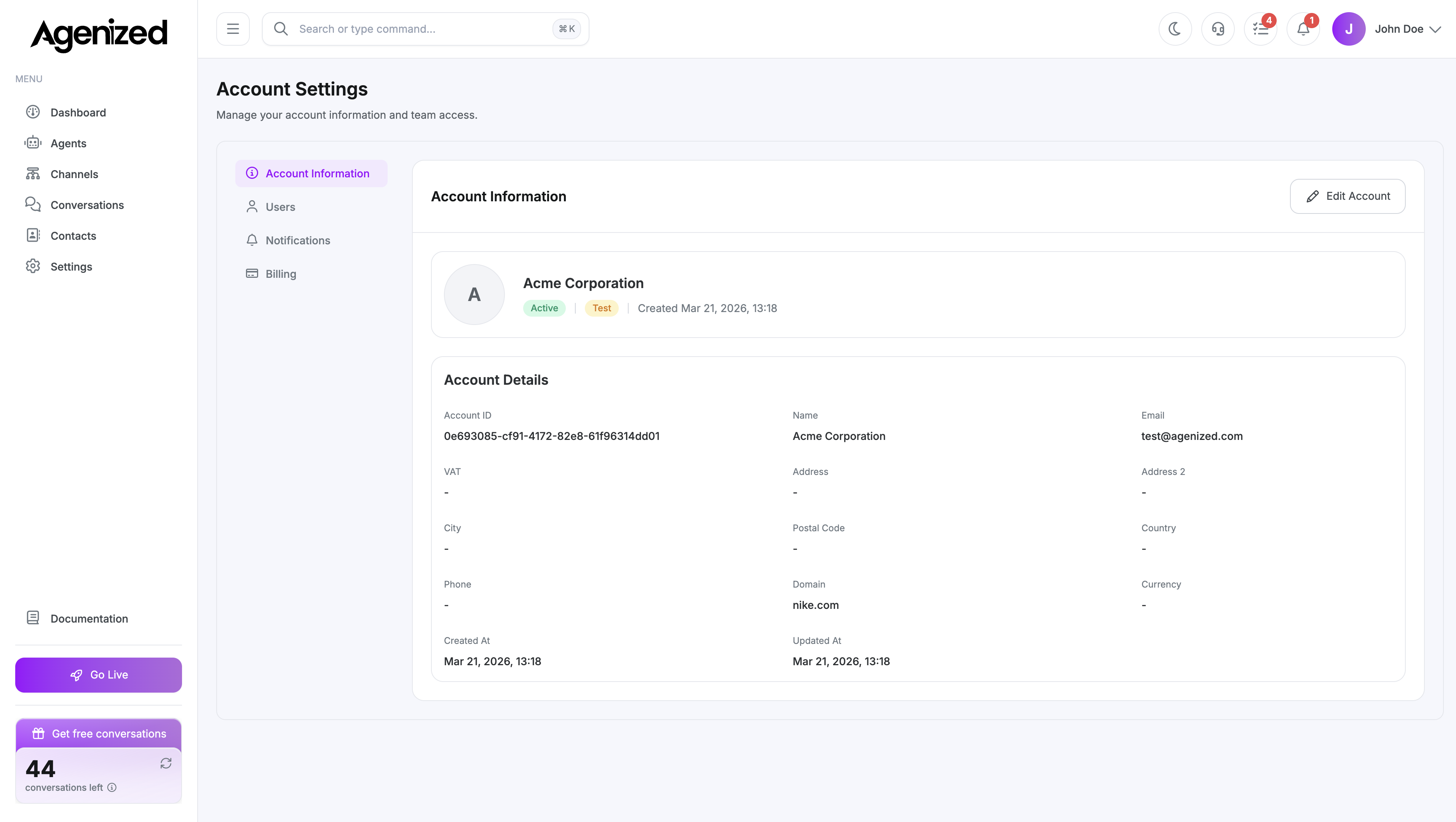 Account information page