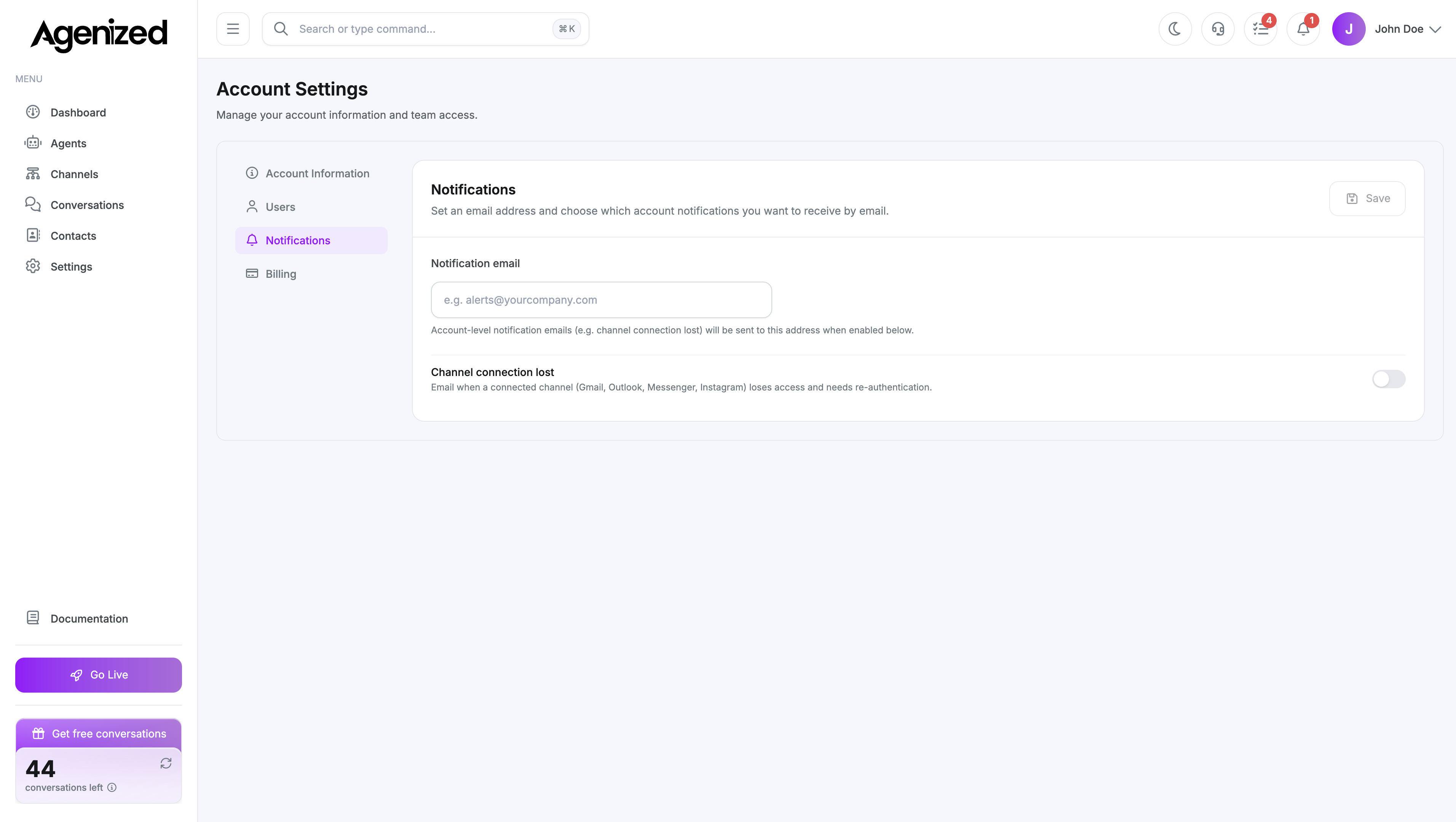 Account notifications page