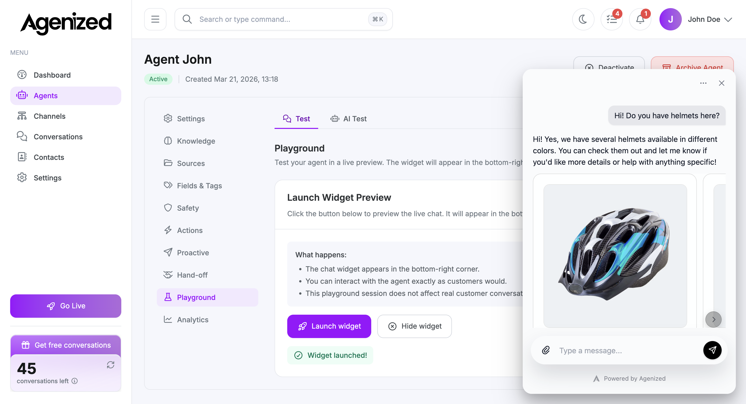 Playground chat after a product search action, showing product cards in the widget