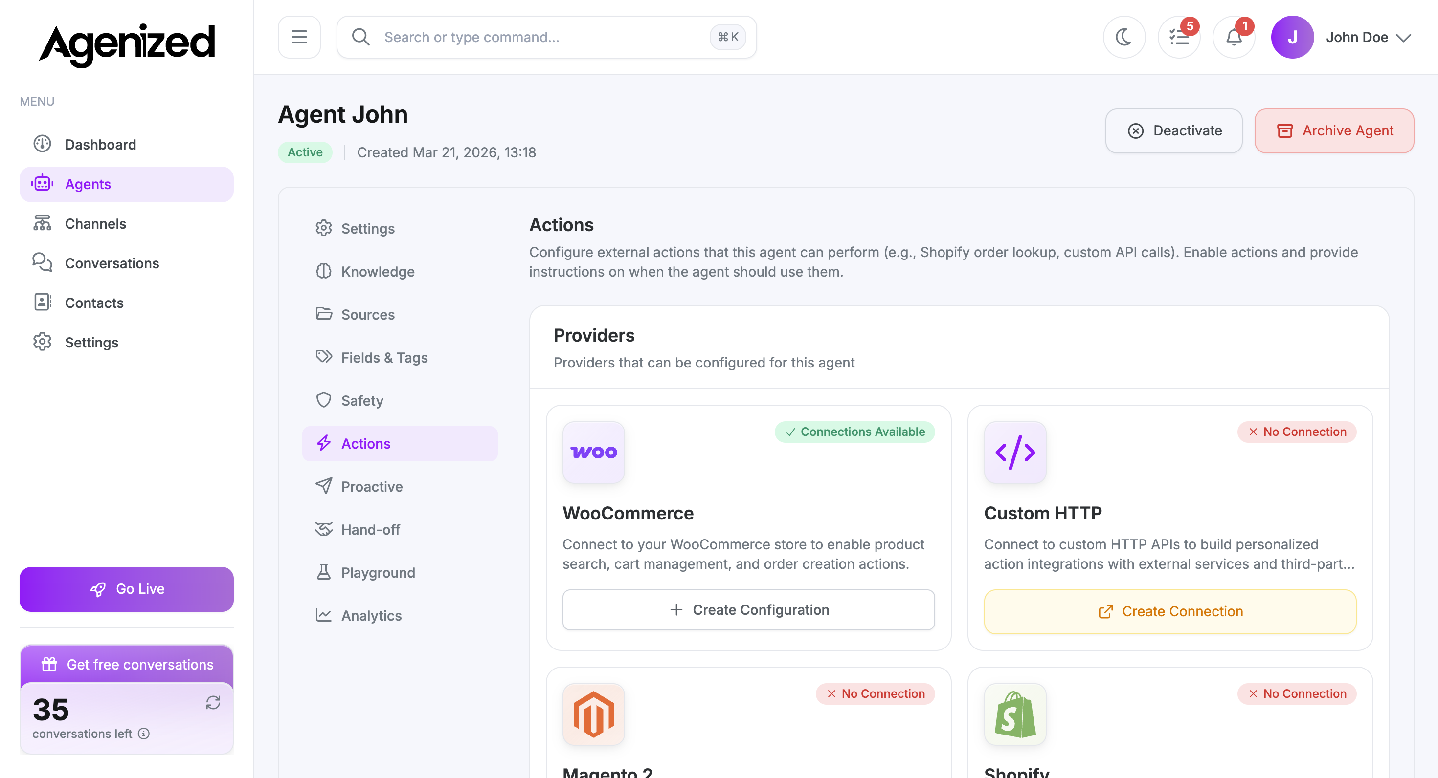 Actions tab listing WooCommerce, Custom HTTP, Magento 2, and Shopify providers