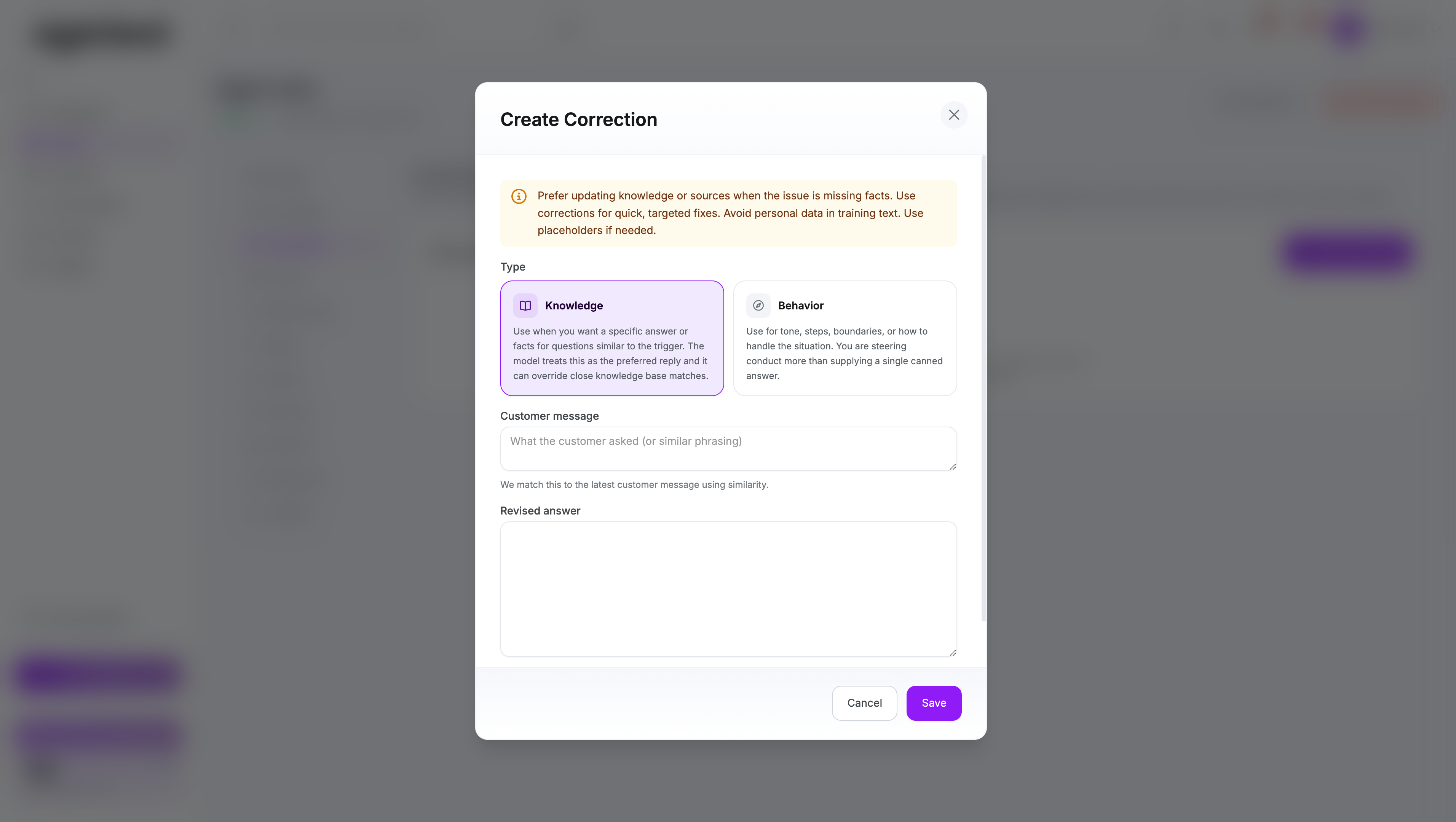Create Correction modal with type options and correction fields