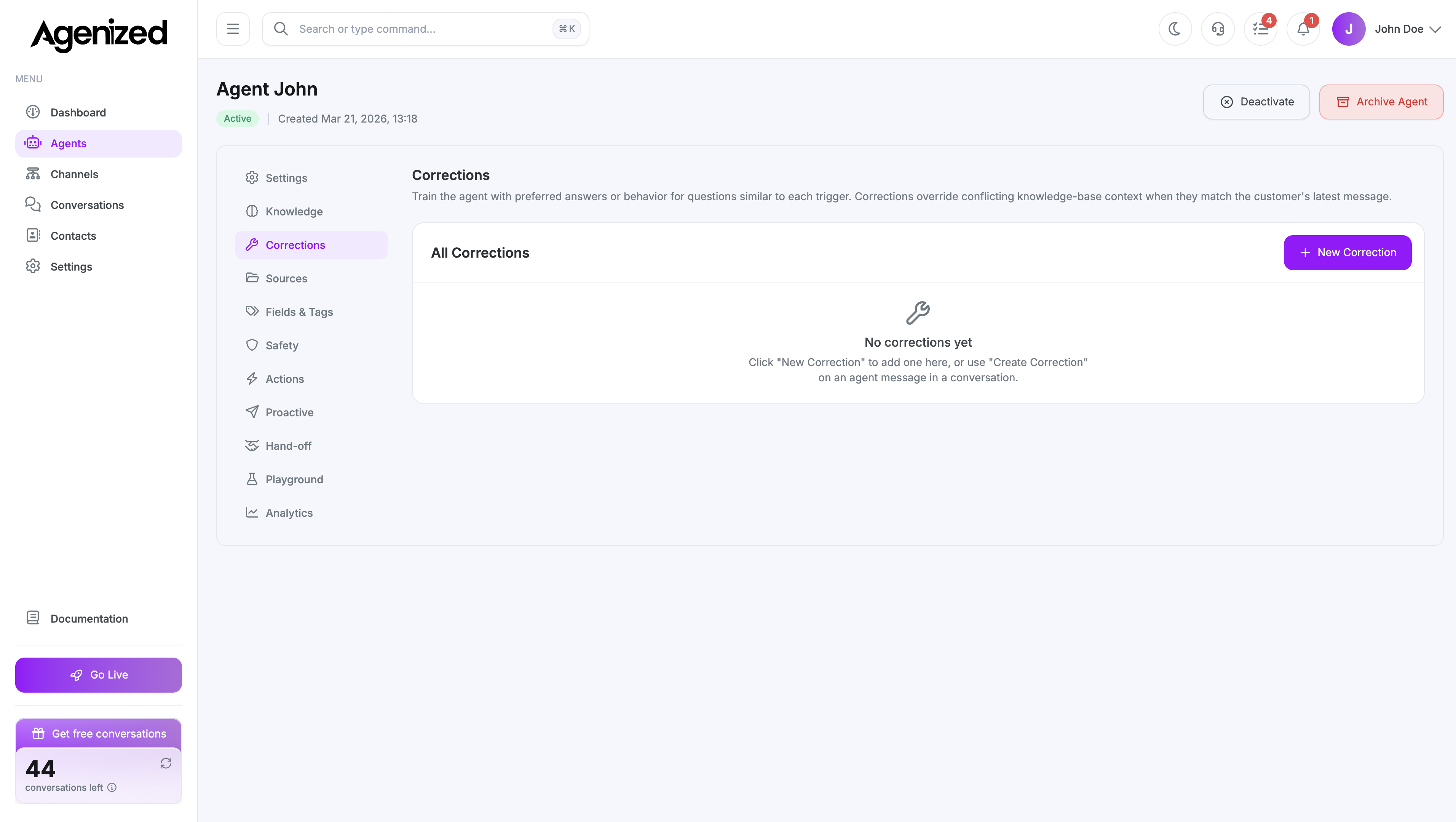 Agent Corrections tab with list and New Correction button