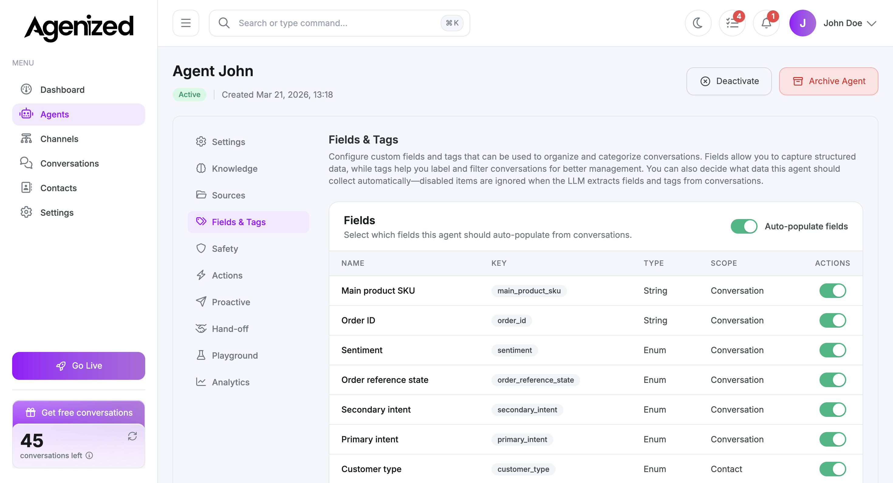 Agent Fields section with auto-populate toggle and field table
