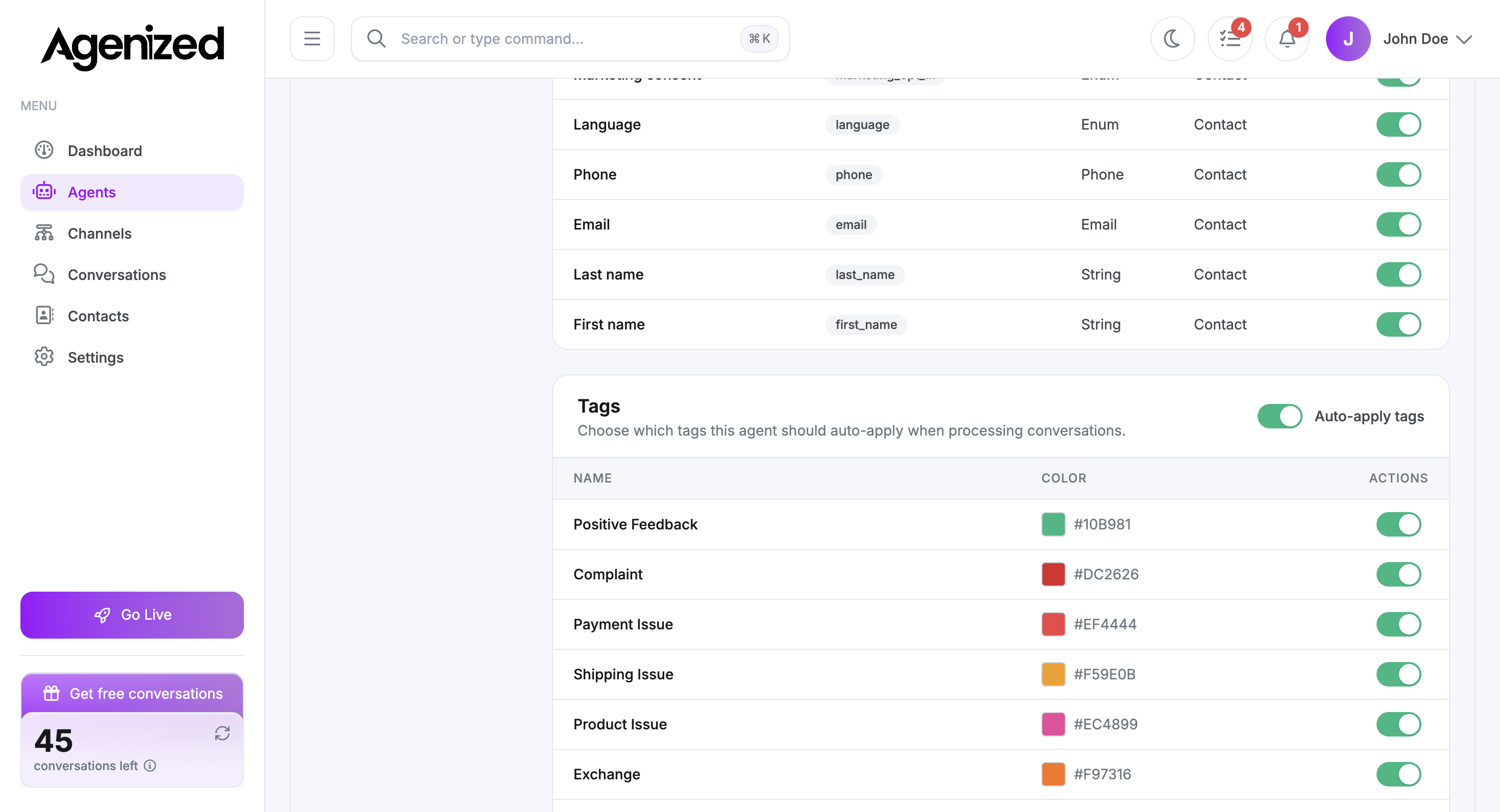 Agent Tags section with auto-apply toggle and tag list