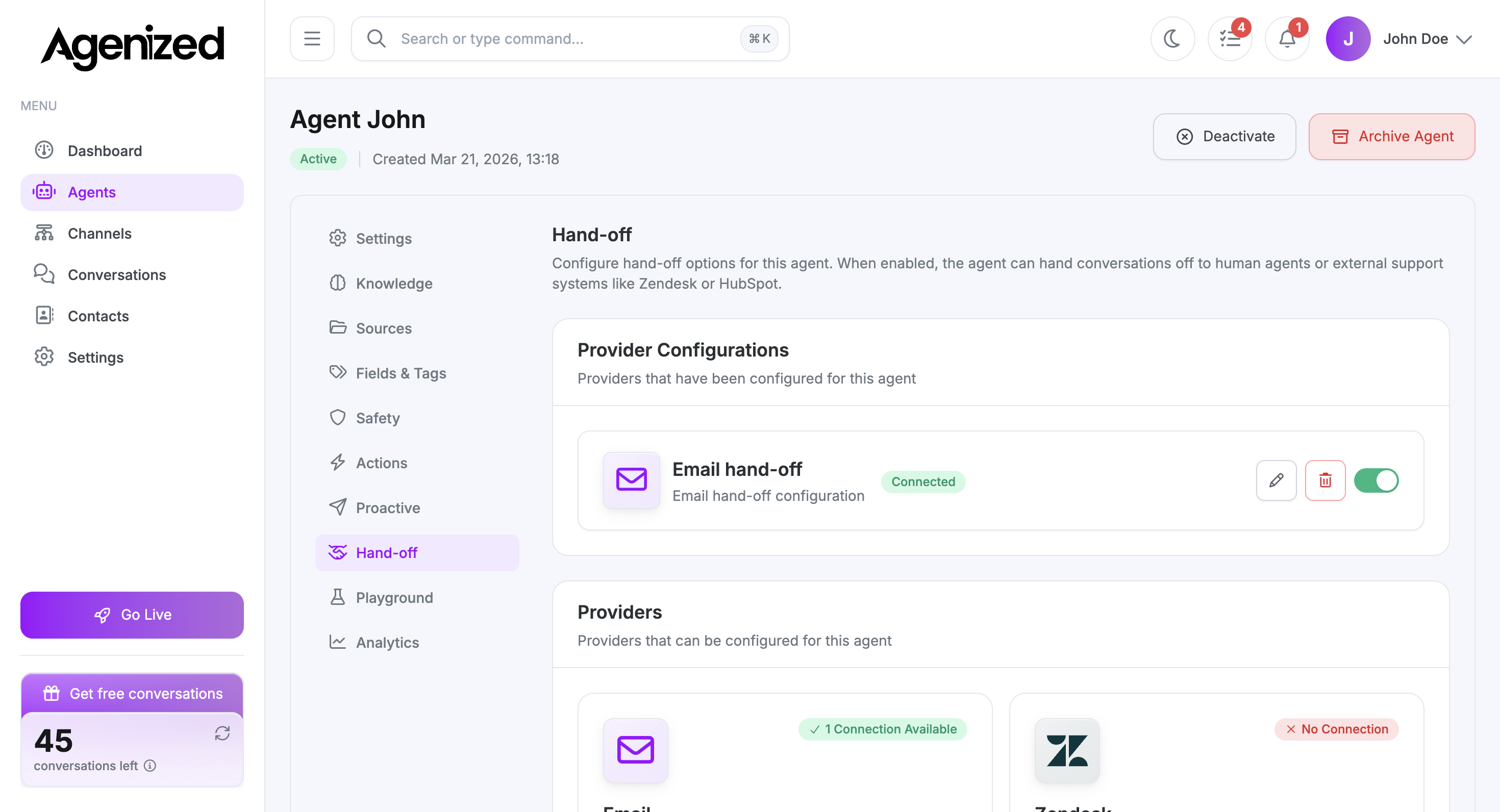 Hand-off tab with an email configuration and available provider cards