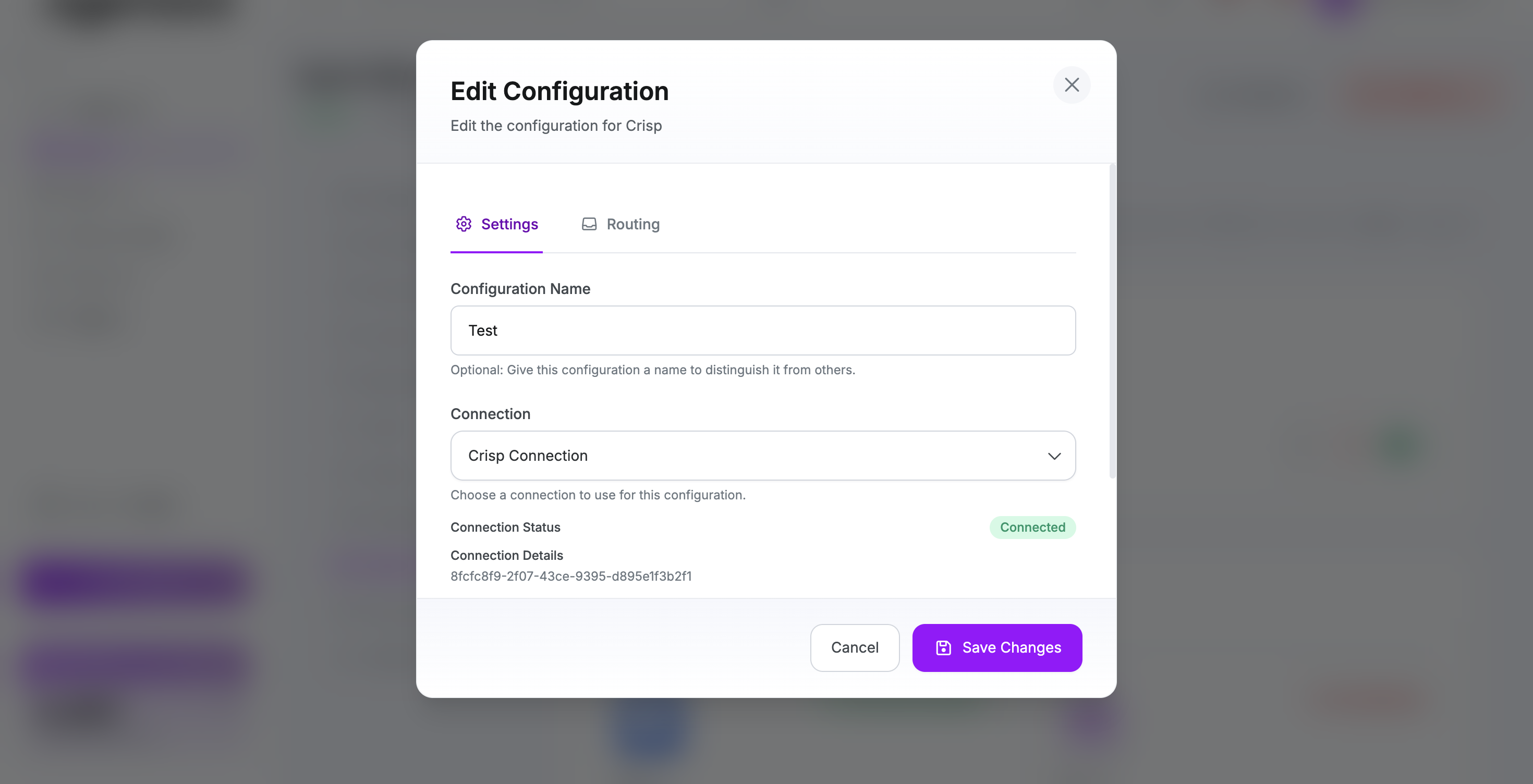 Crisp hand-off configuration modal with Settings and Routing
