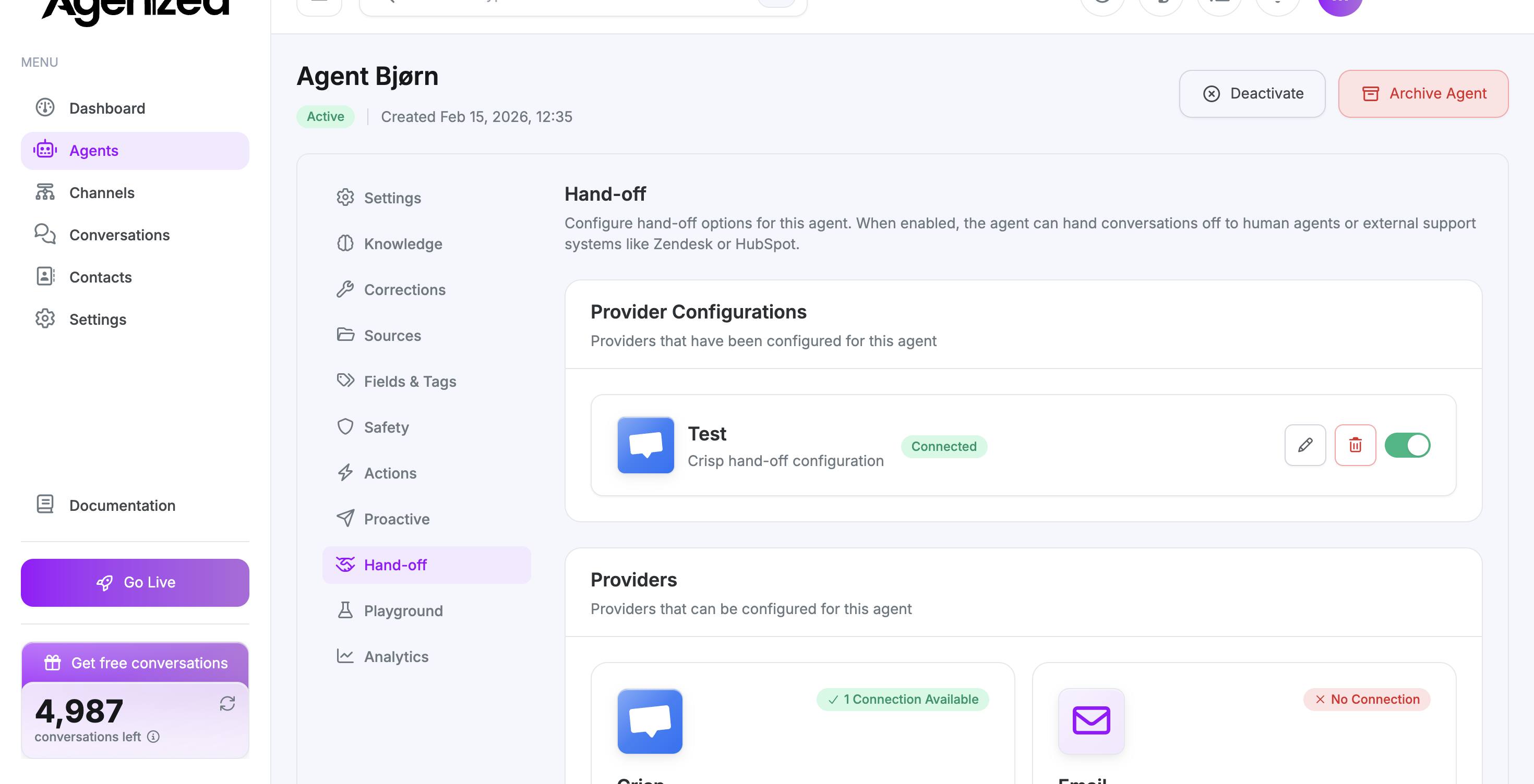 Agent Hand-off tab with Crisp available or configured
