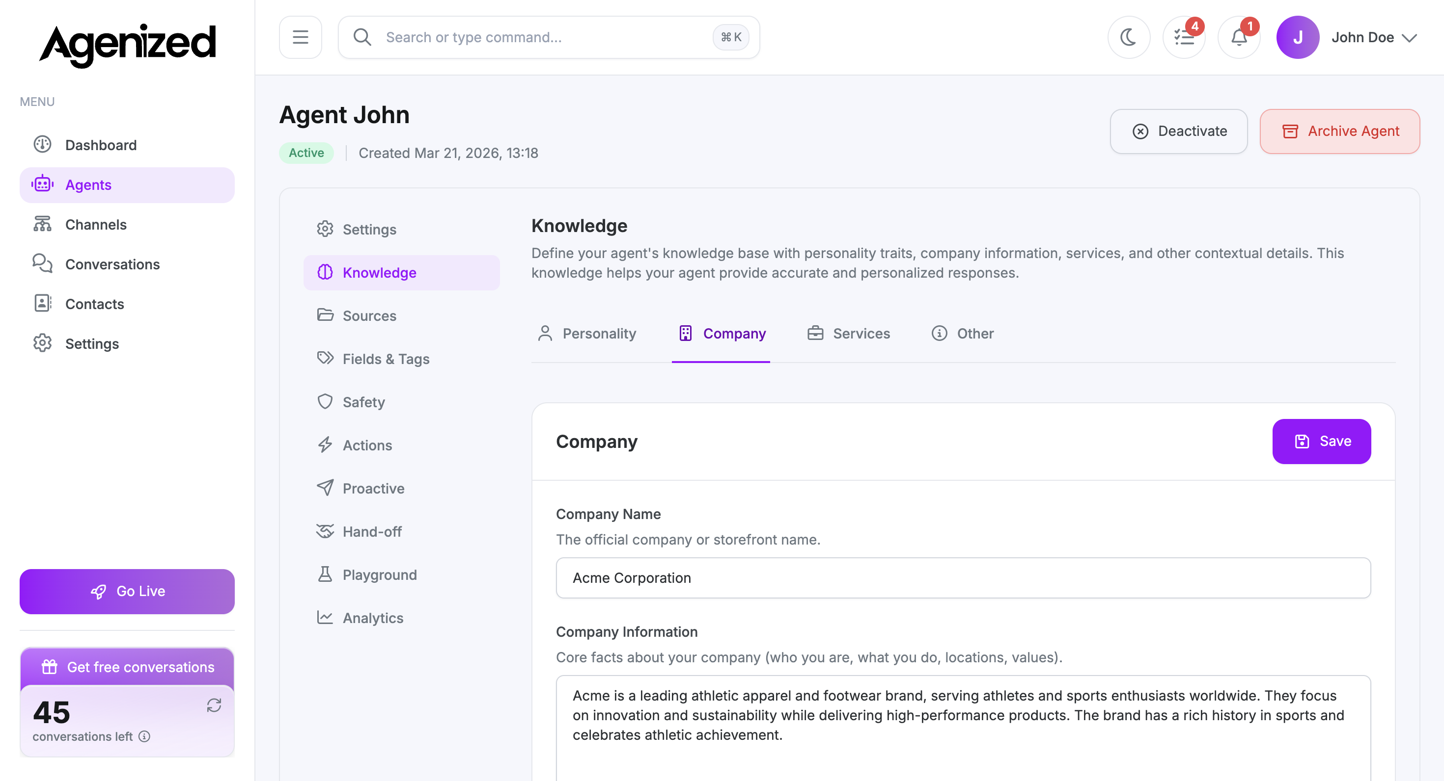 Knowledge Company sub-tab with company name and company information fields
