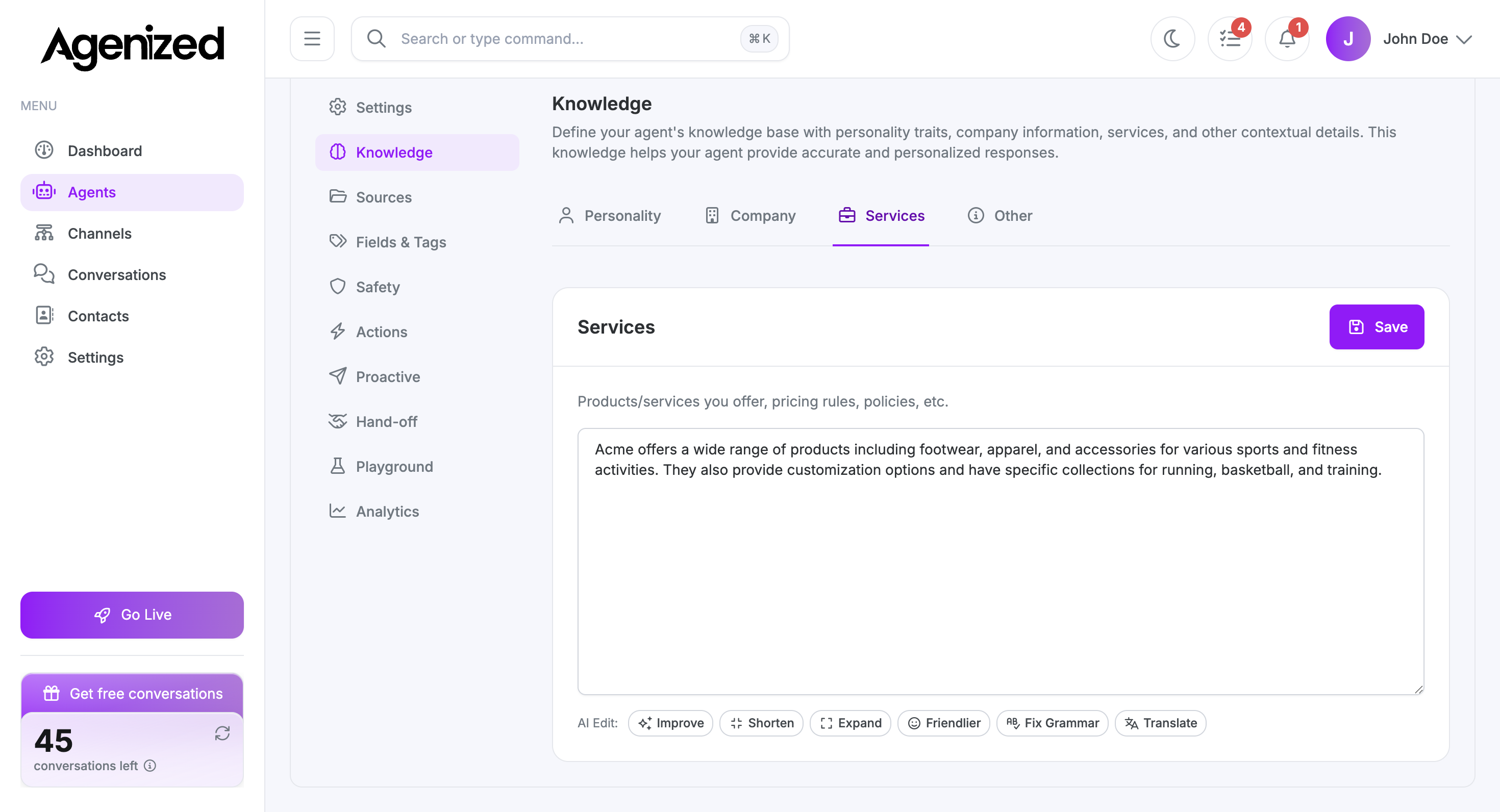 Knowledge Services sub-tab with services and policies text area