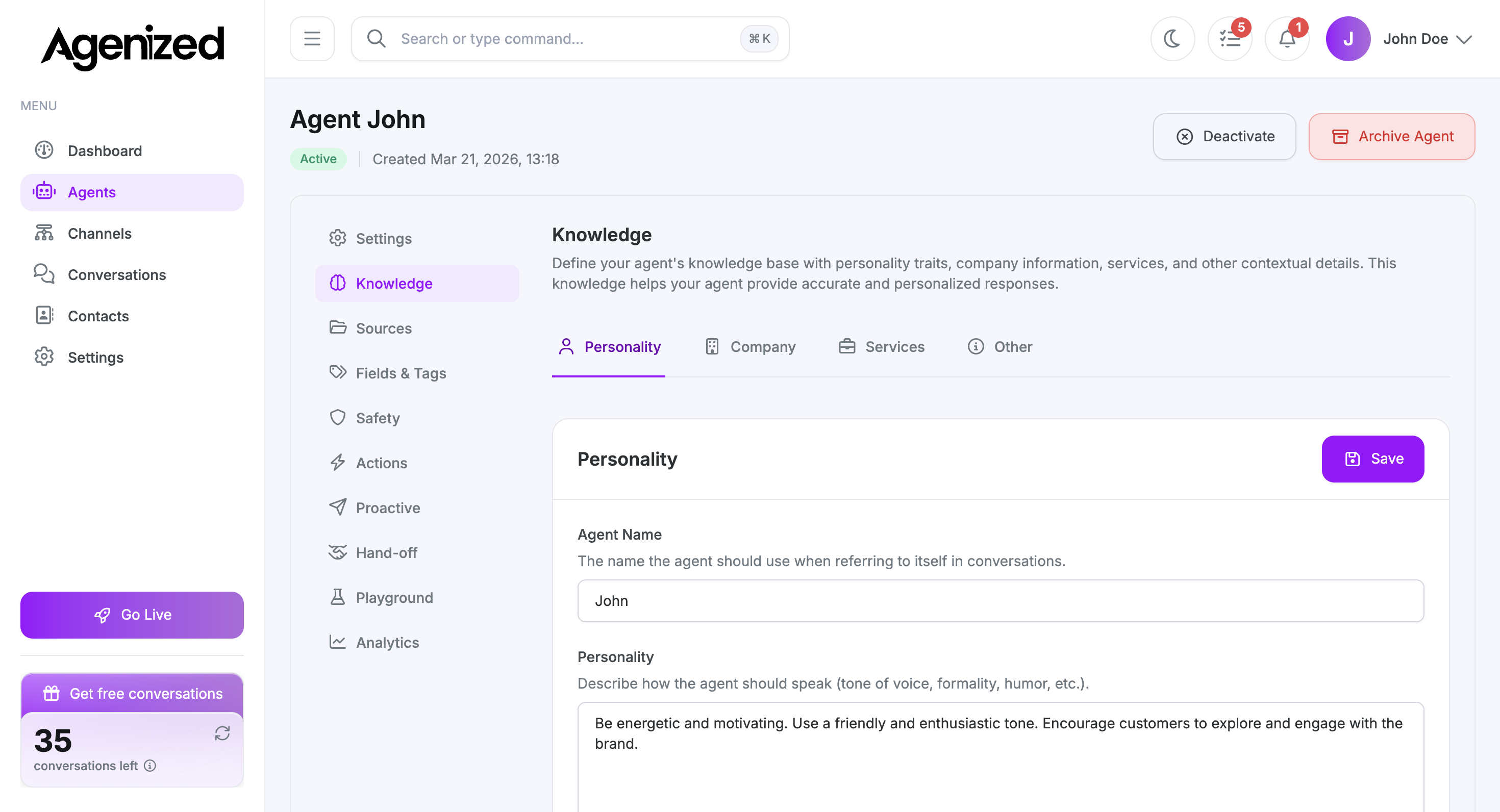 Knowledge tab with Personality sub-tab, agent name, and personality fields