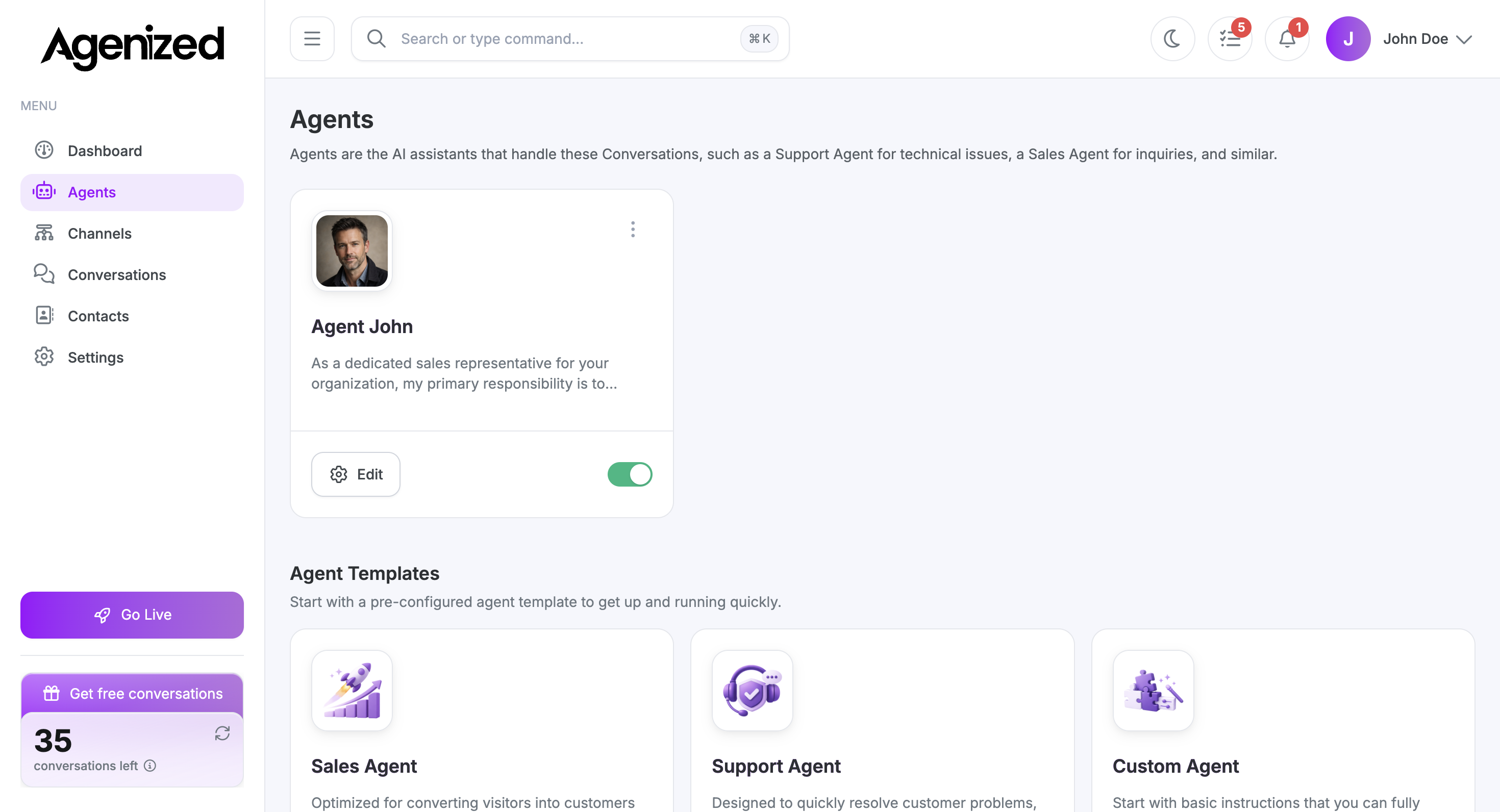 Agents list with agent cards and templates below
