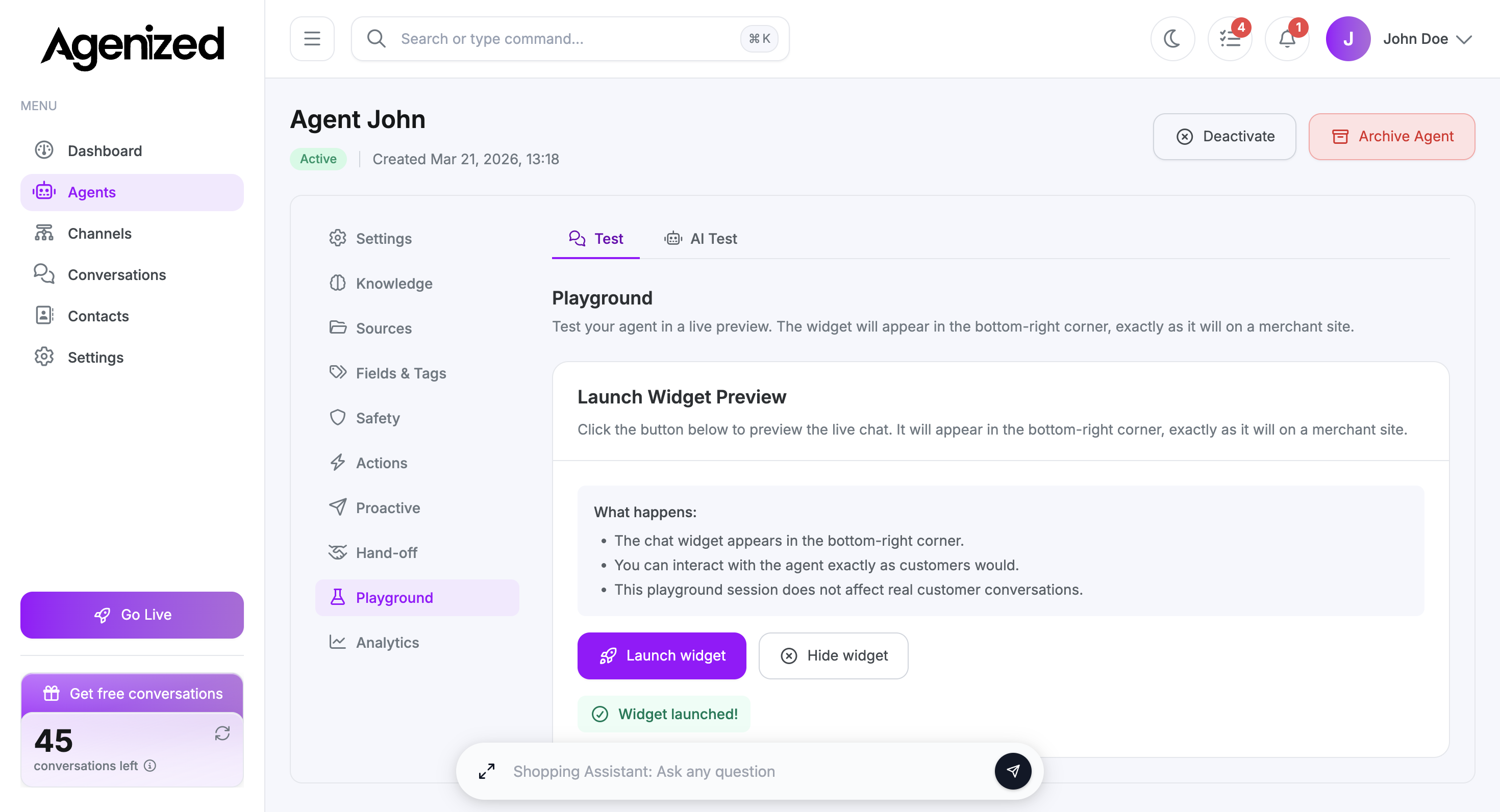 Playground after launching the chat widget preview in the corner