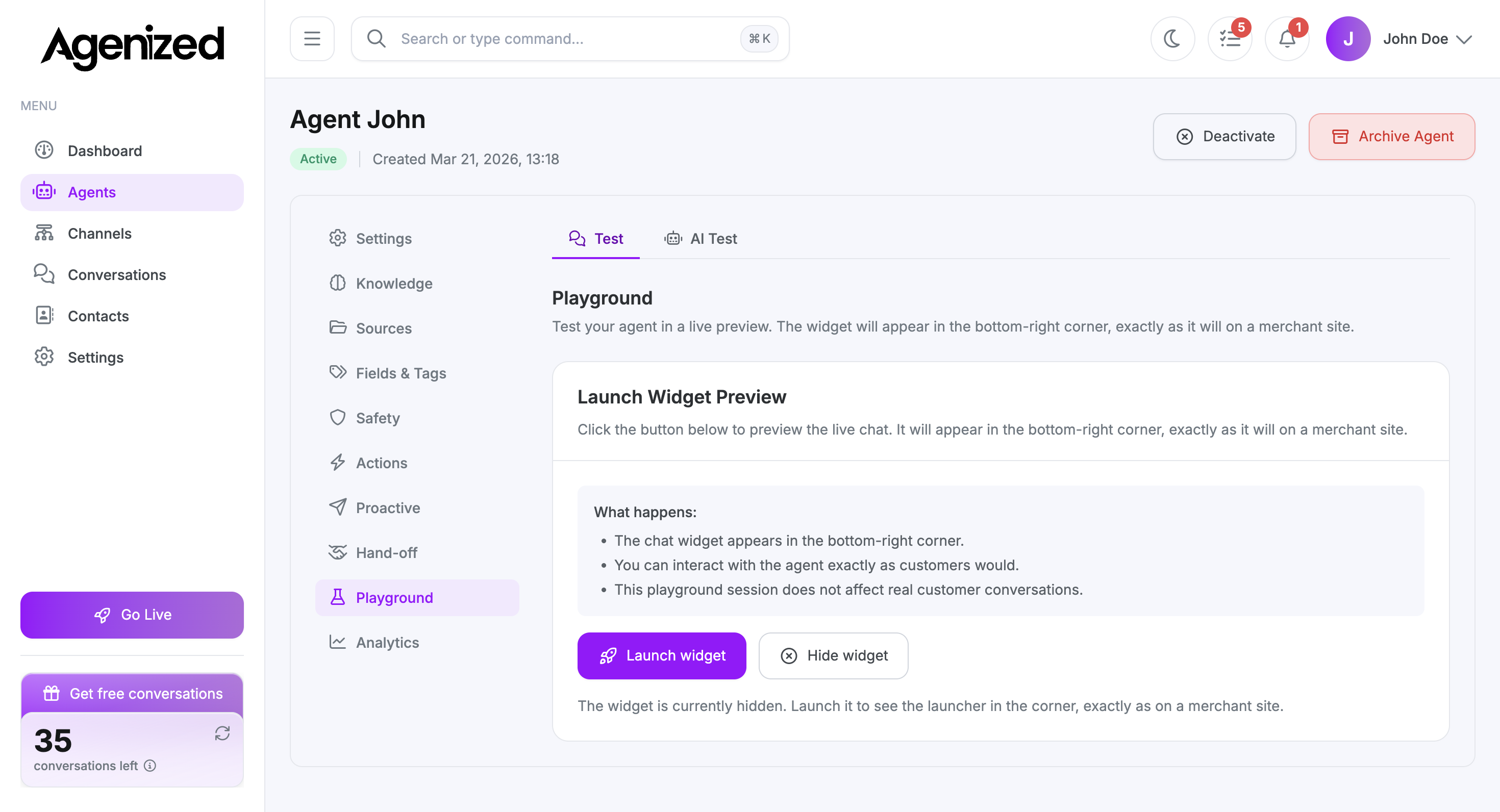 Playground tab with Test and AI Test options and Launch widget button