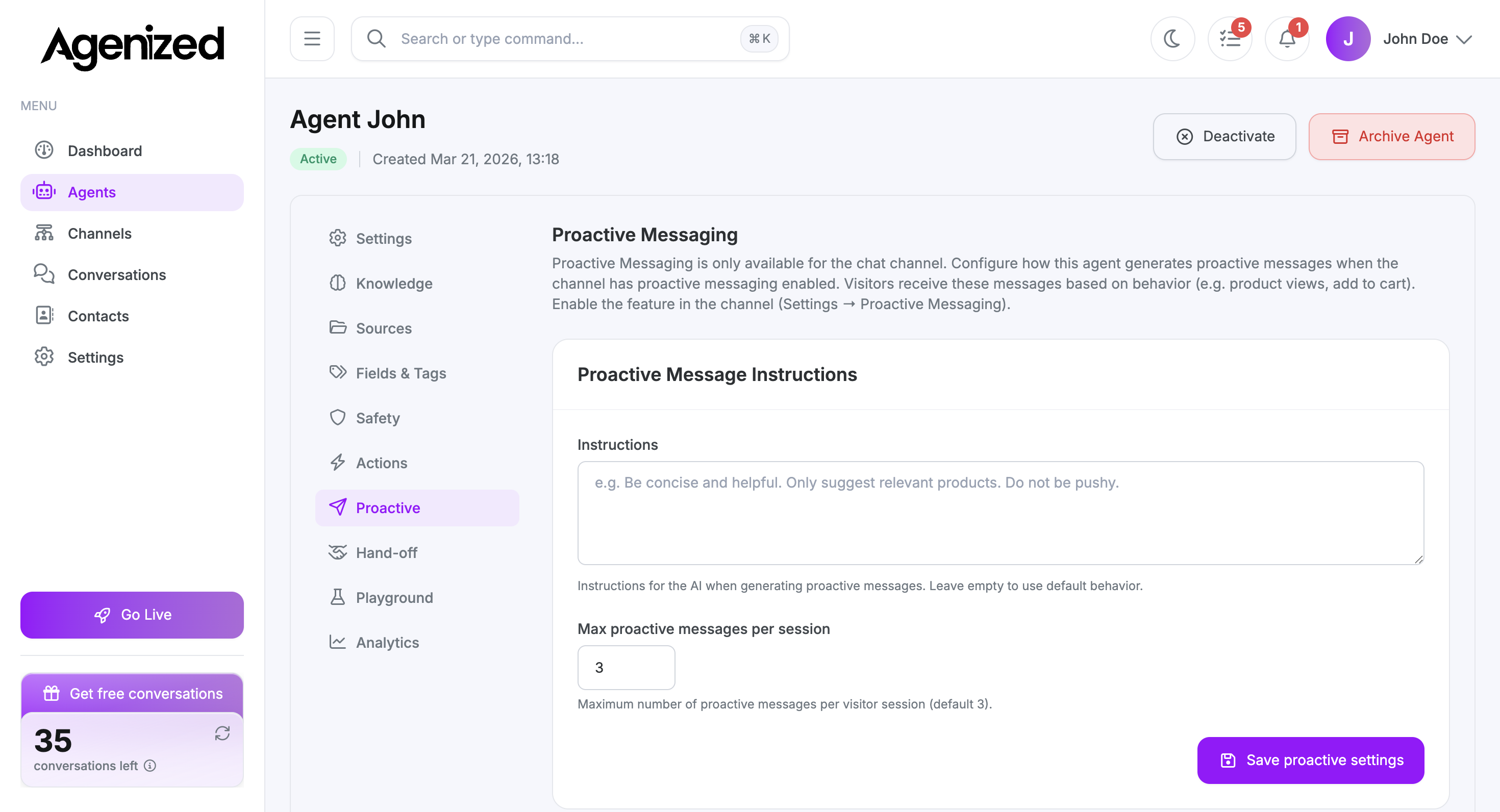 Proactive tab with instructions textarea and max messages per session