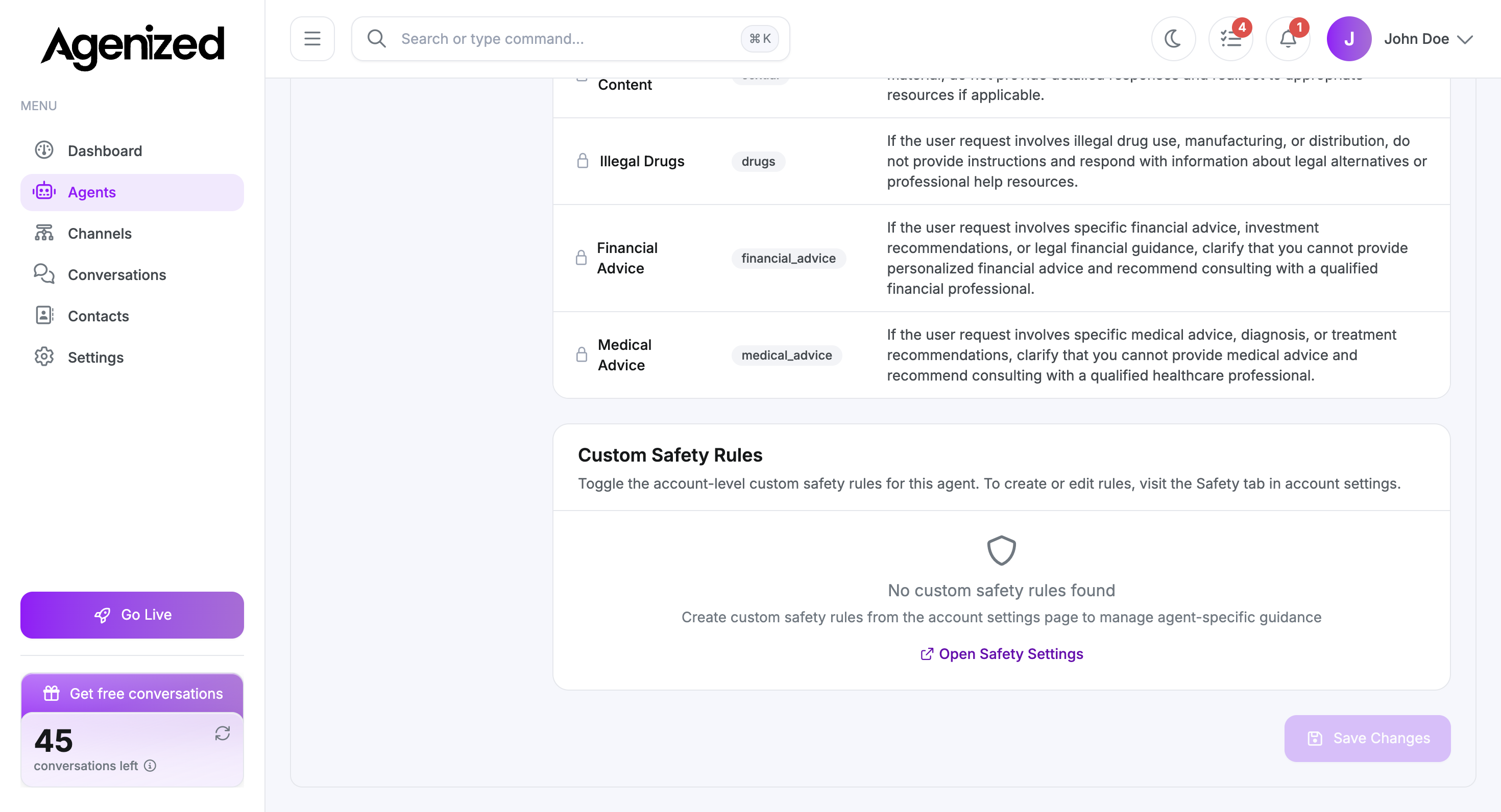 Safety tab showing platform rules and custom safety rules with Open Safety Settings