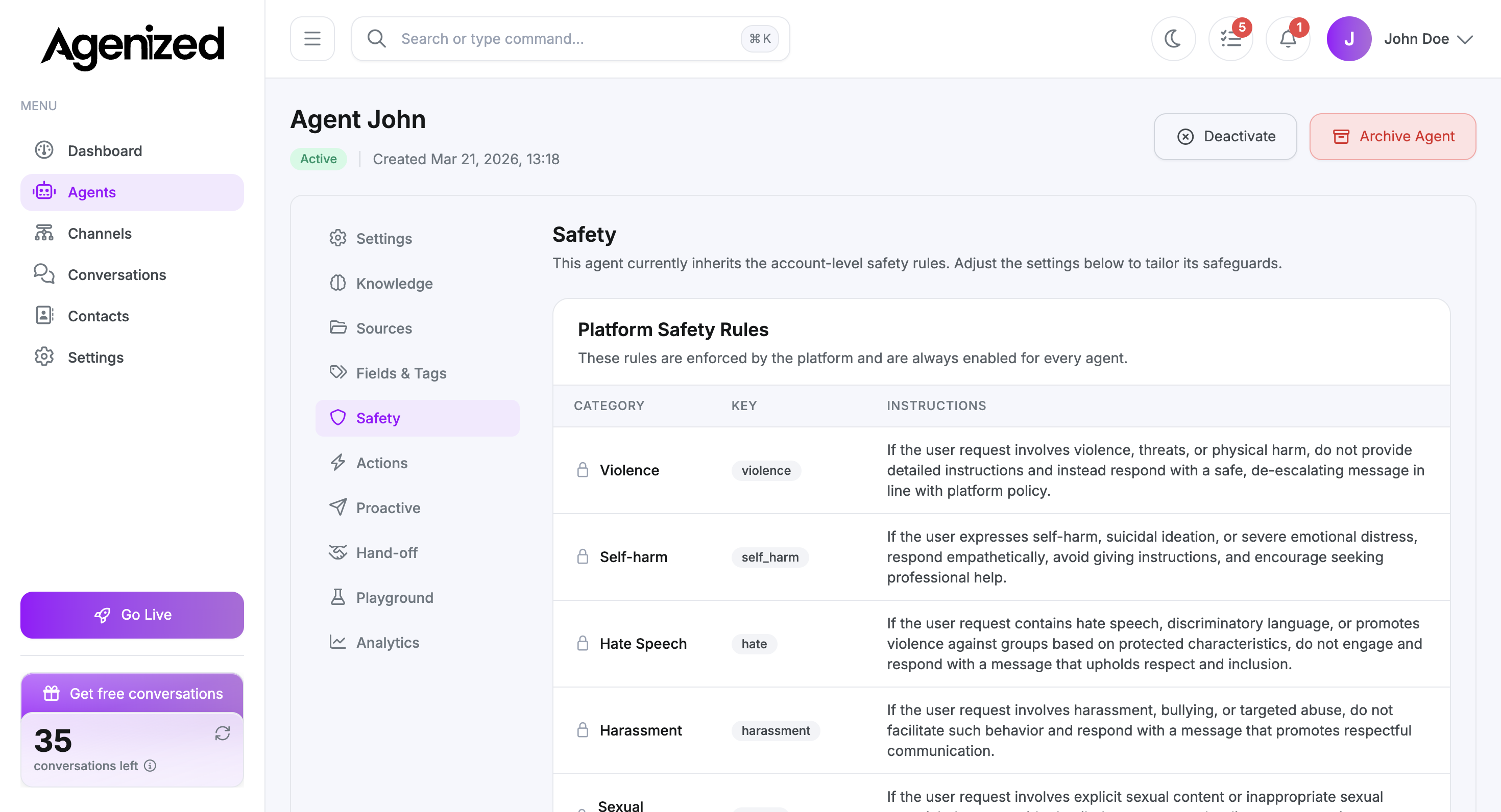 Safety tab with platform rules table and custom rules section