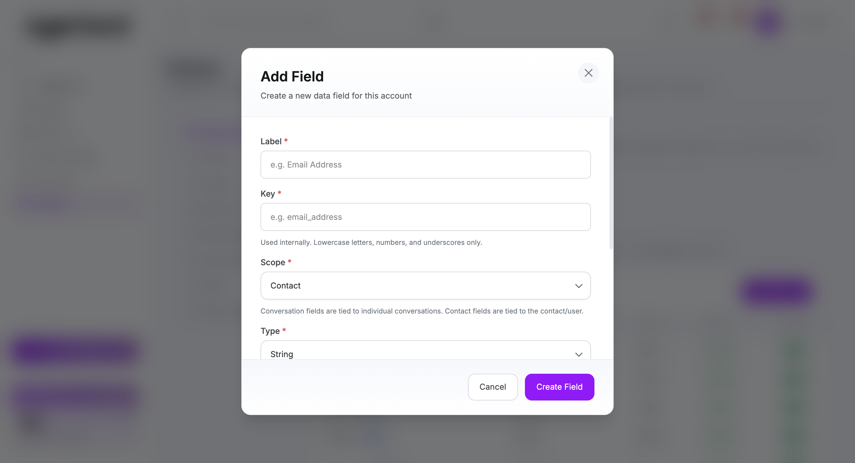 Add Field modal in Settings with label, key, scope, and type