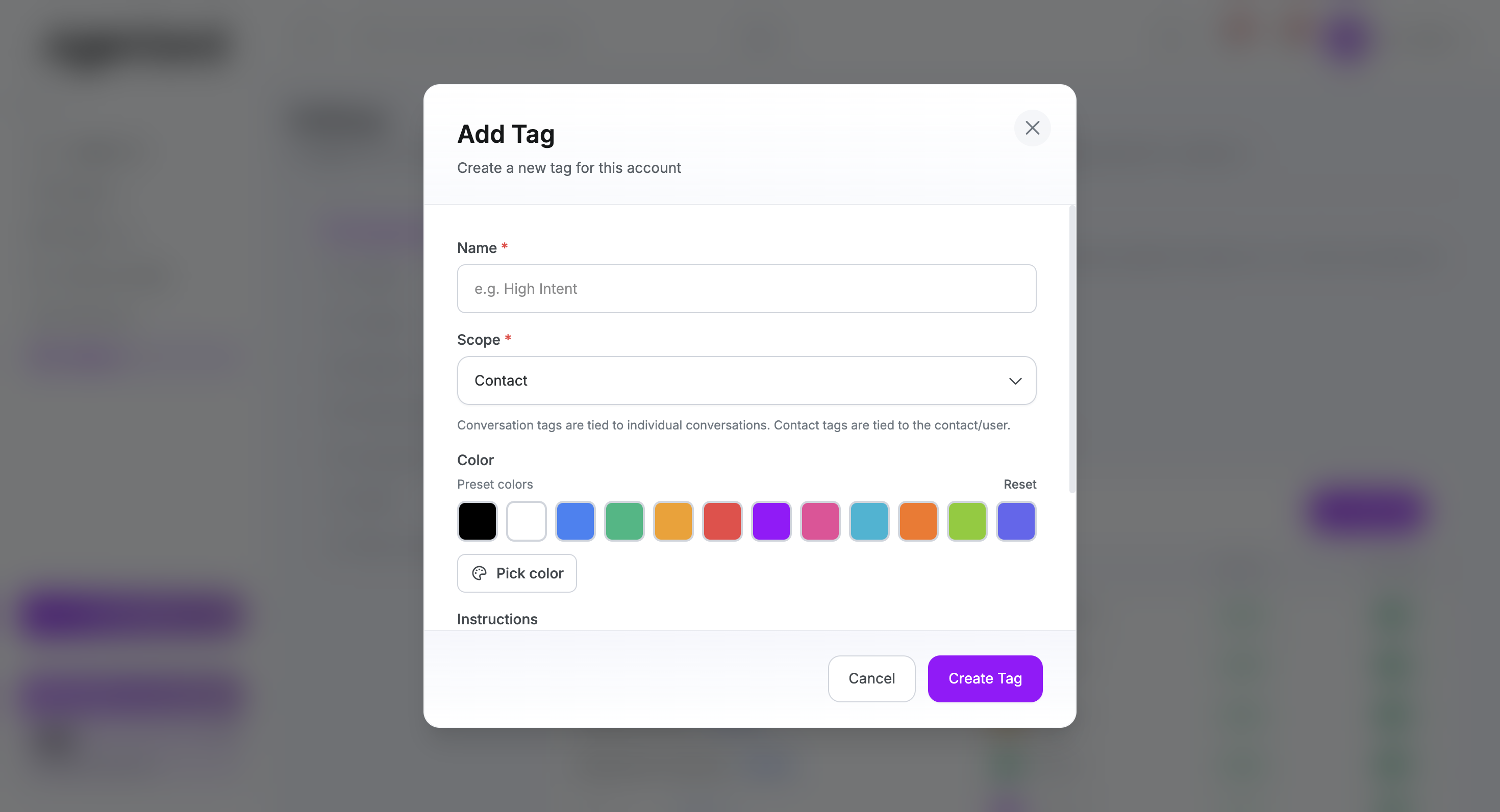 Add Tag modal in Settings with name, scope, and color presets