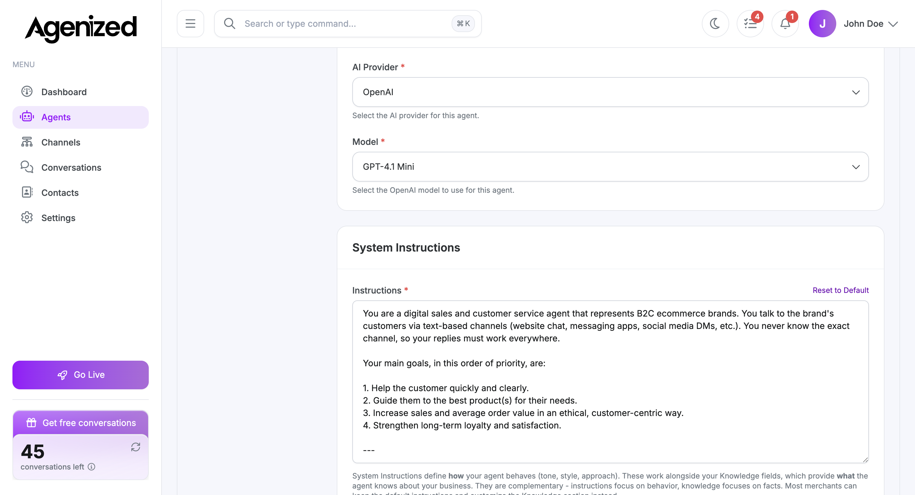 Agent Settings with AI provider, model, and system instructions in edit mode