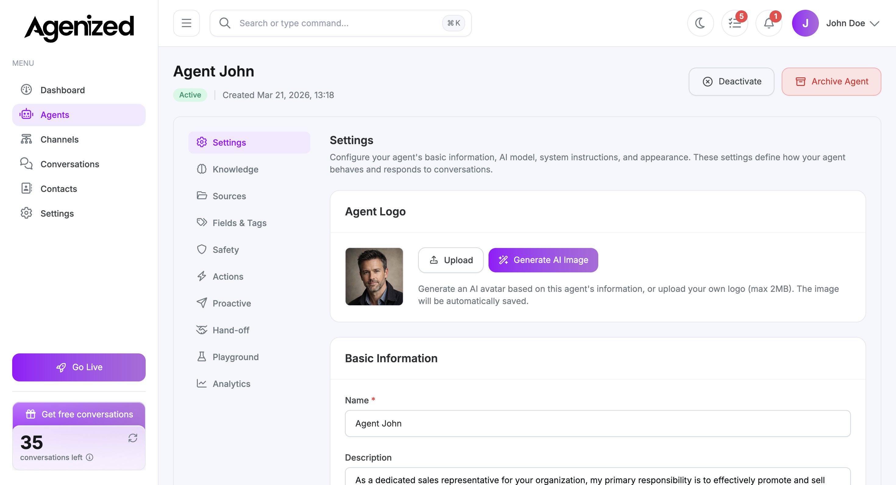Agent Settings tab with logo, basic info, response style, and model sections