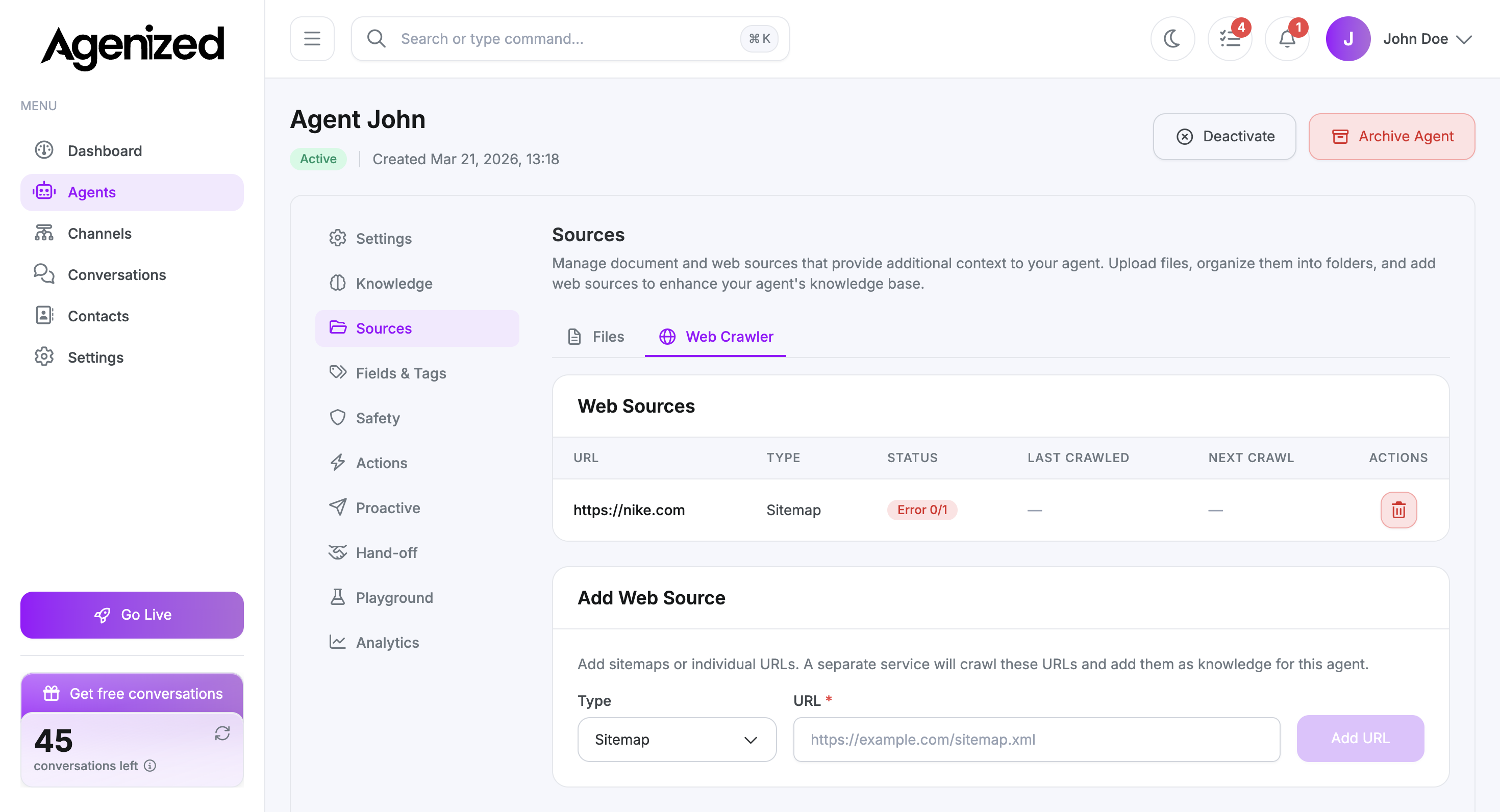 Sources Web Crawler tab with URL table and add web source form