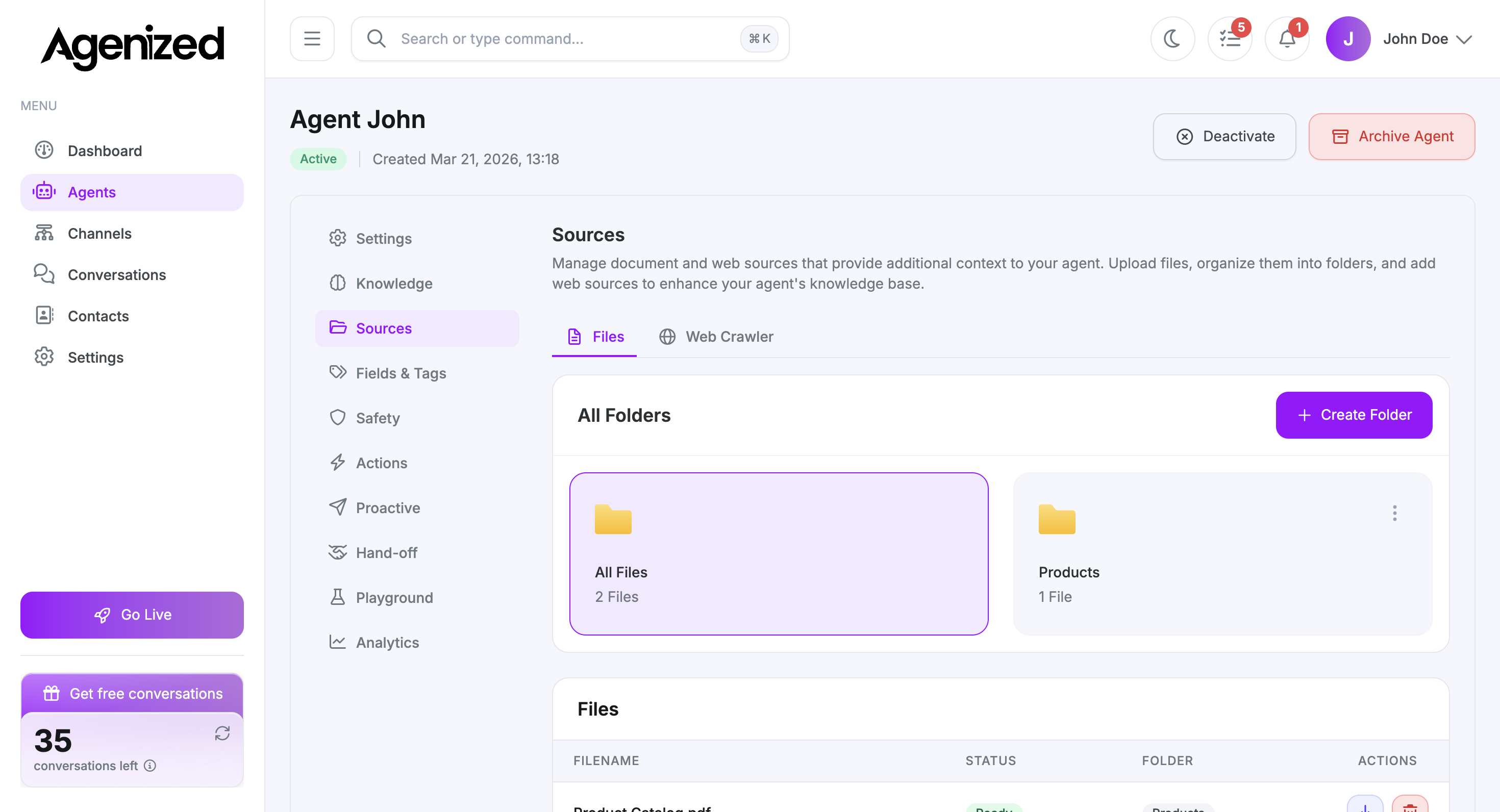 Sources tab with Files view, folders, and file list
