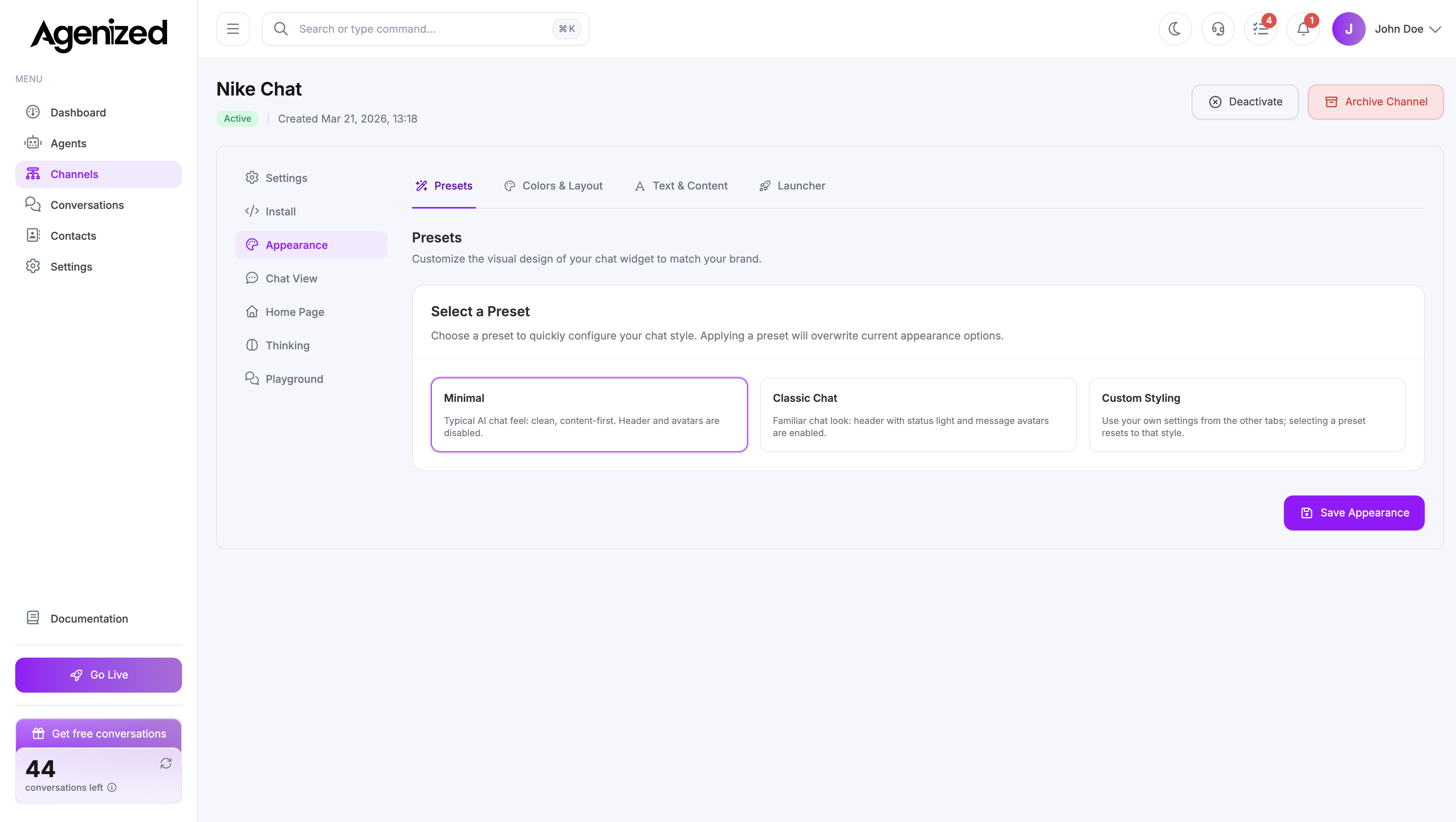 Chat Widget appearance settings