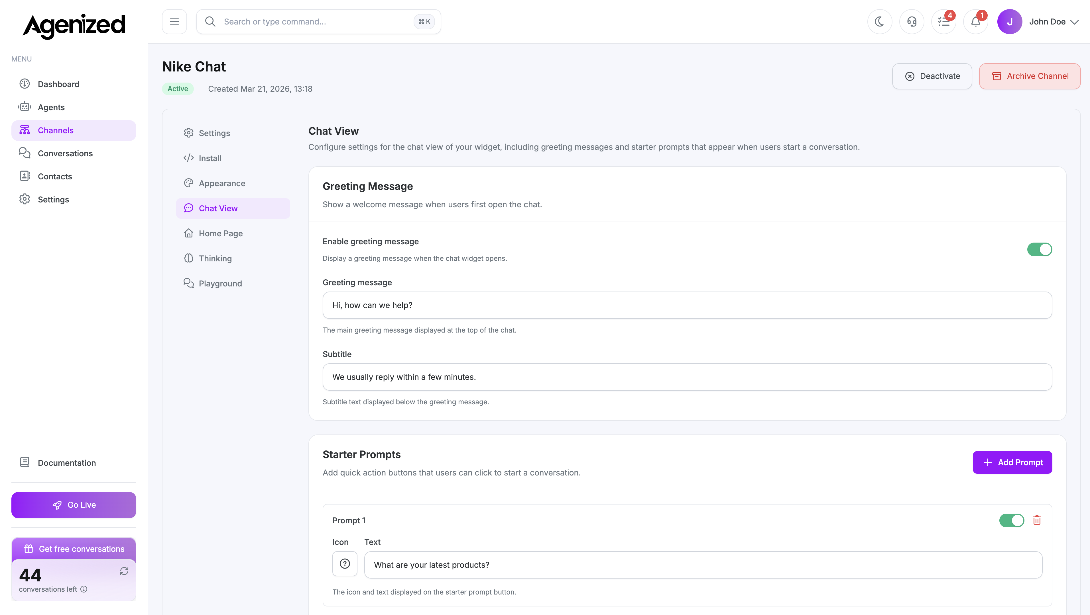 Chat Widget chat view settings