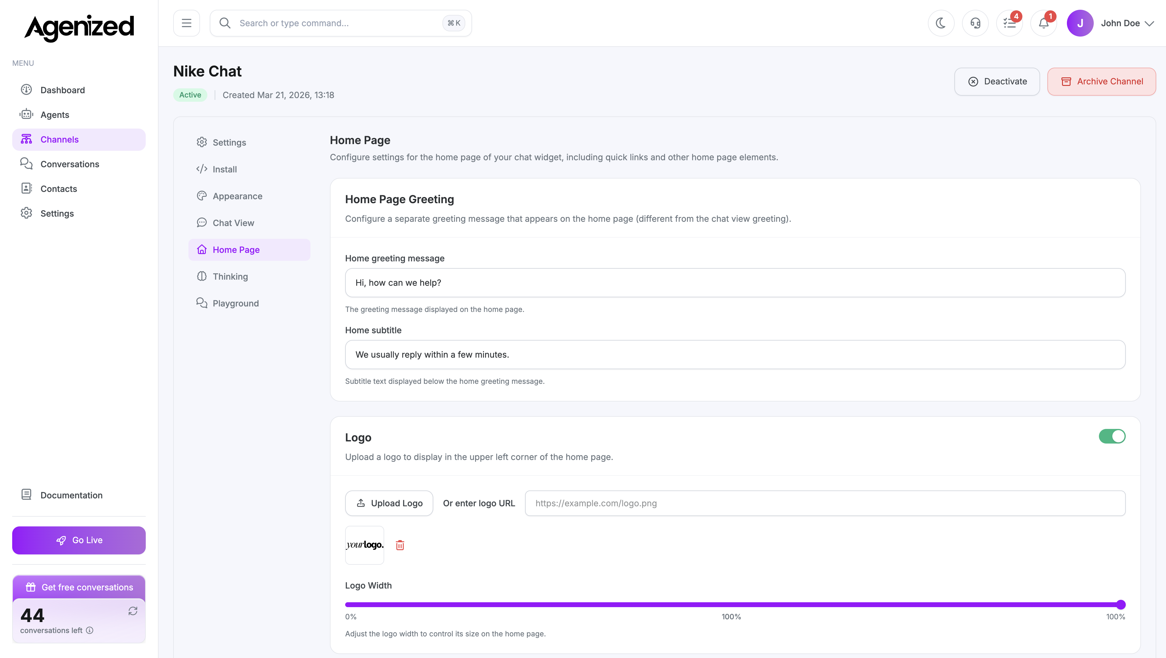 Chat Widget home page settings
