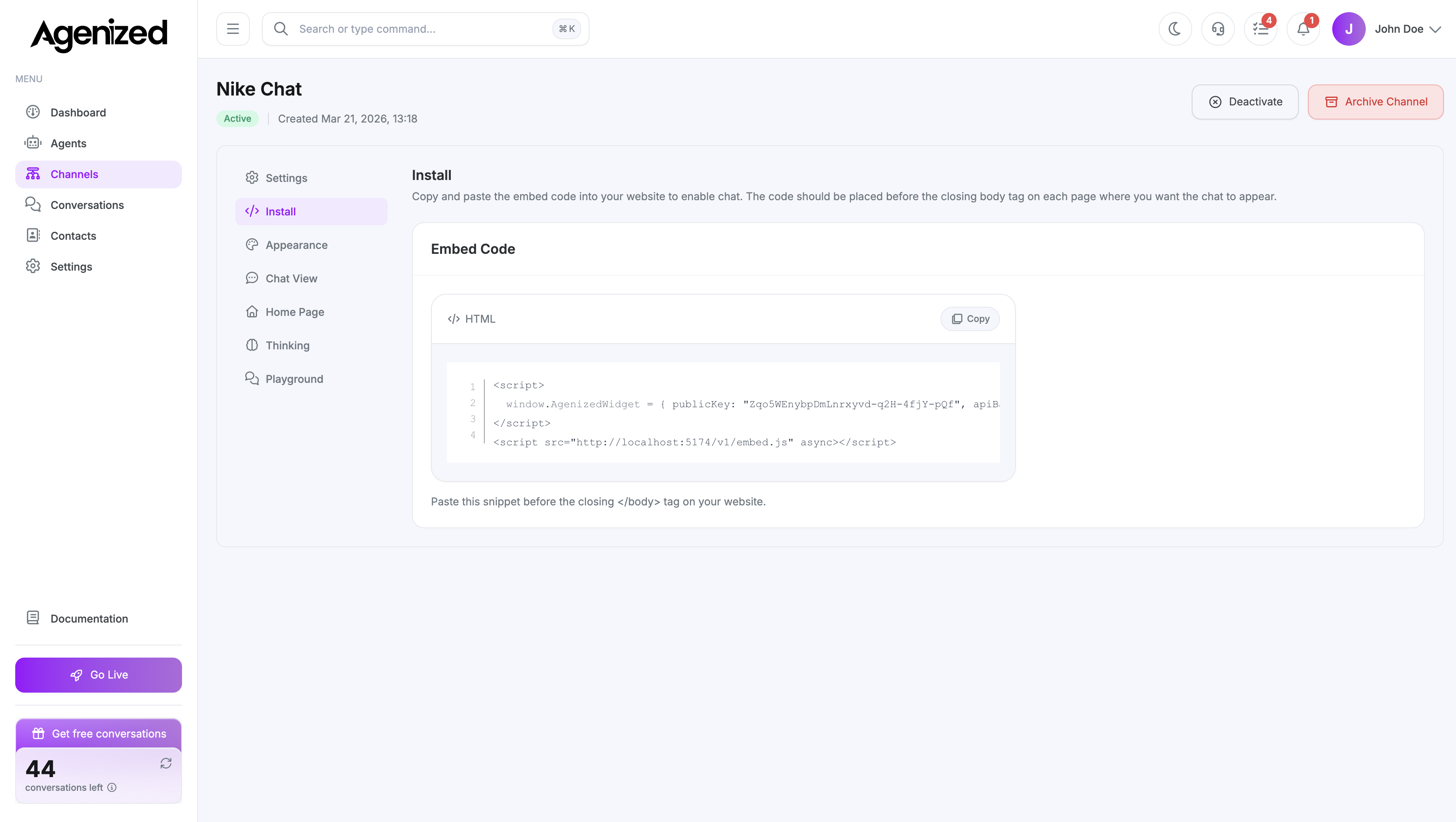 Chat Widget install snippet section