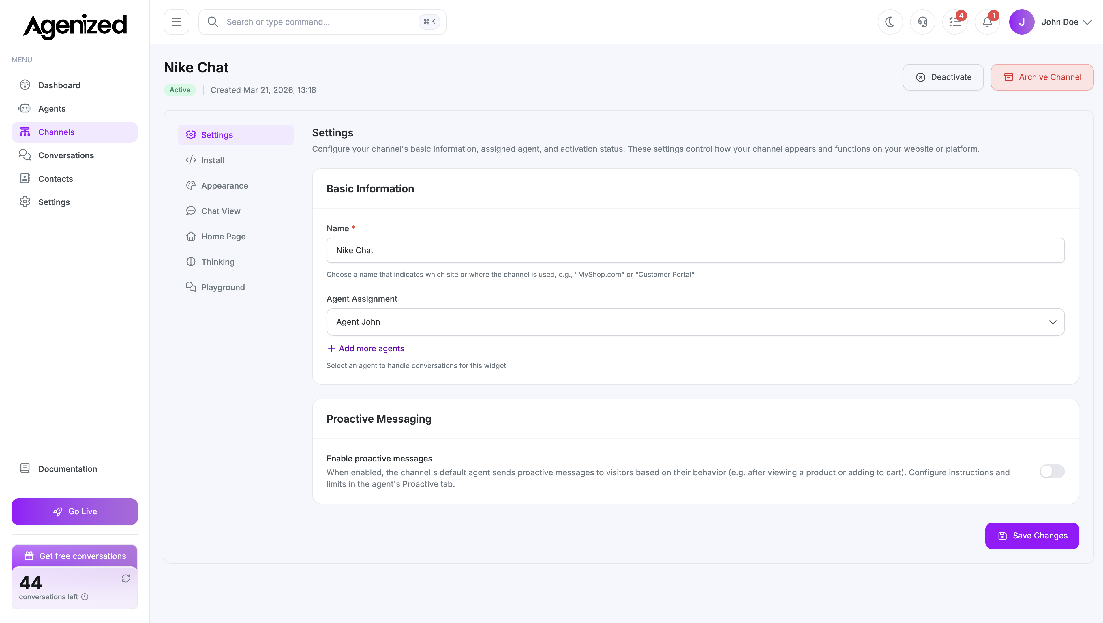 Chat Widget channel overview page