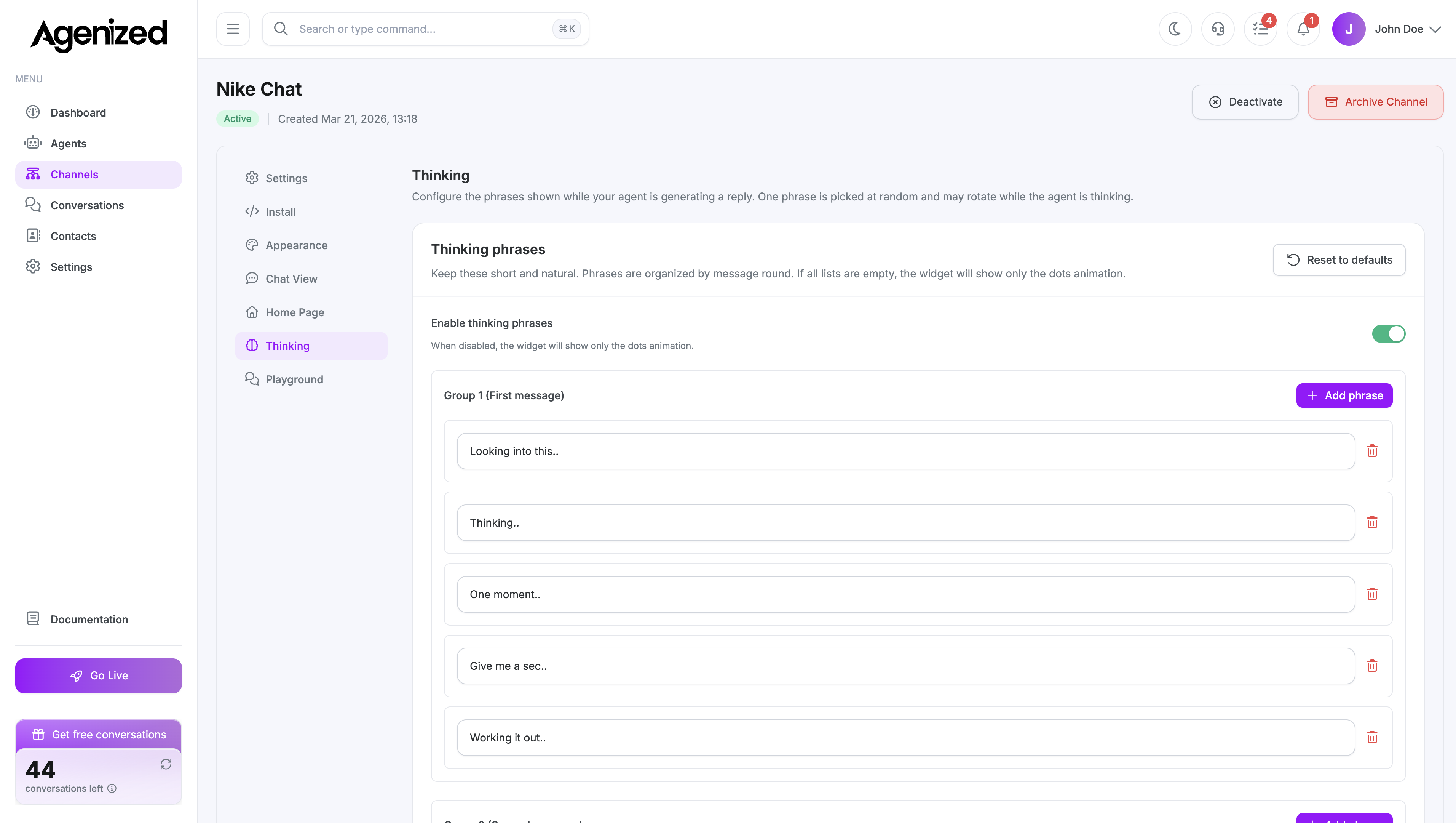 Chat Widget thinking phrases settings