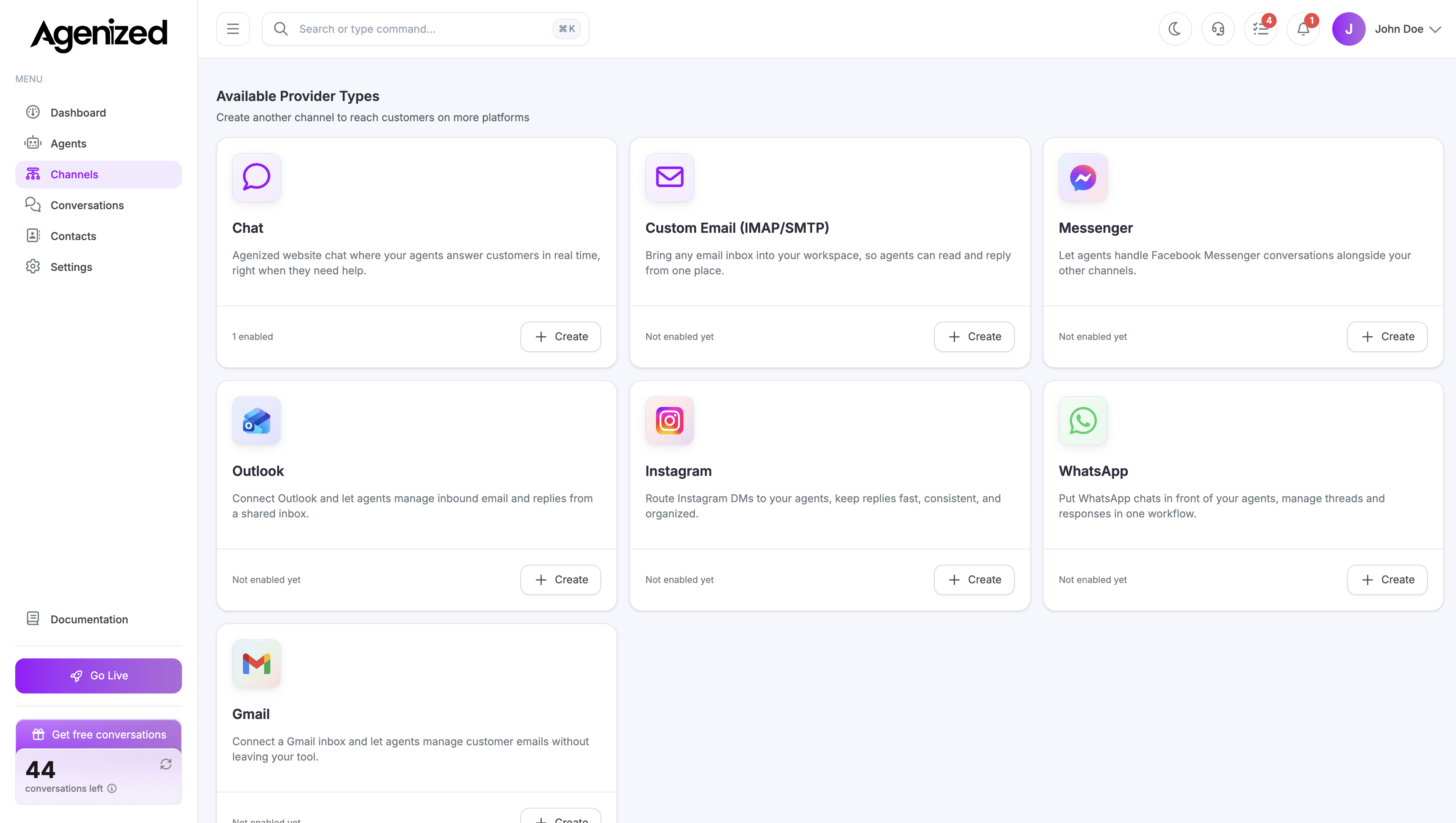 Channels list showing Instagram provider availability