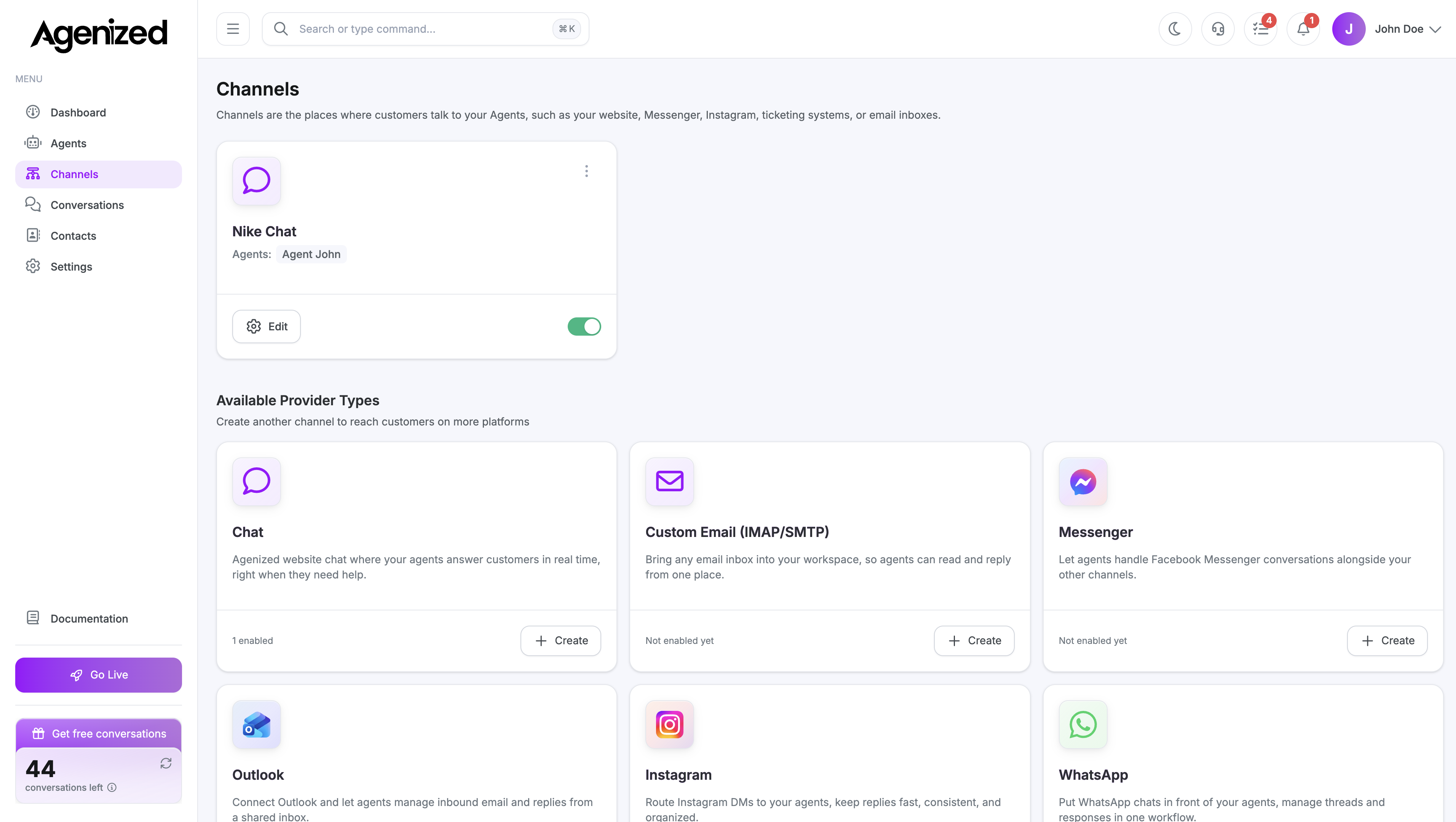 Channels list with available providers and connected channels