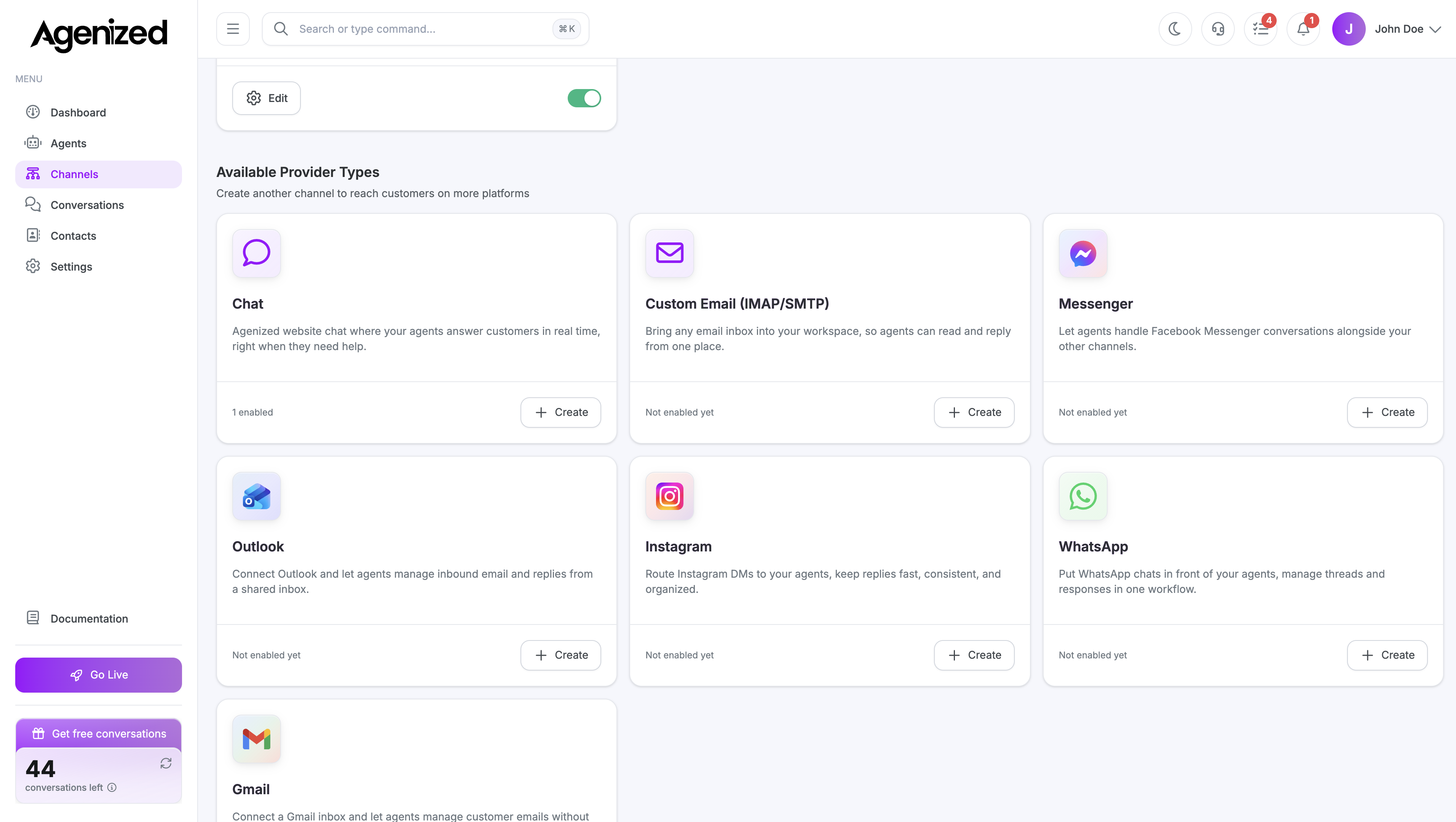 Channels list showing WhatsApp availability status
