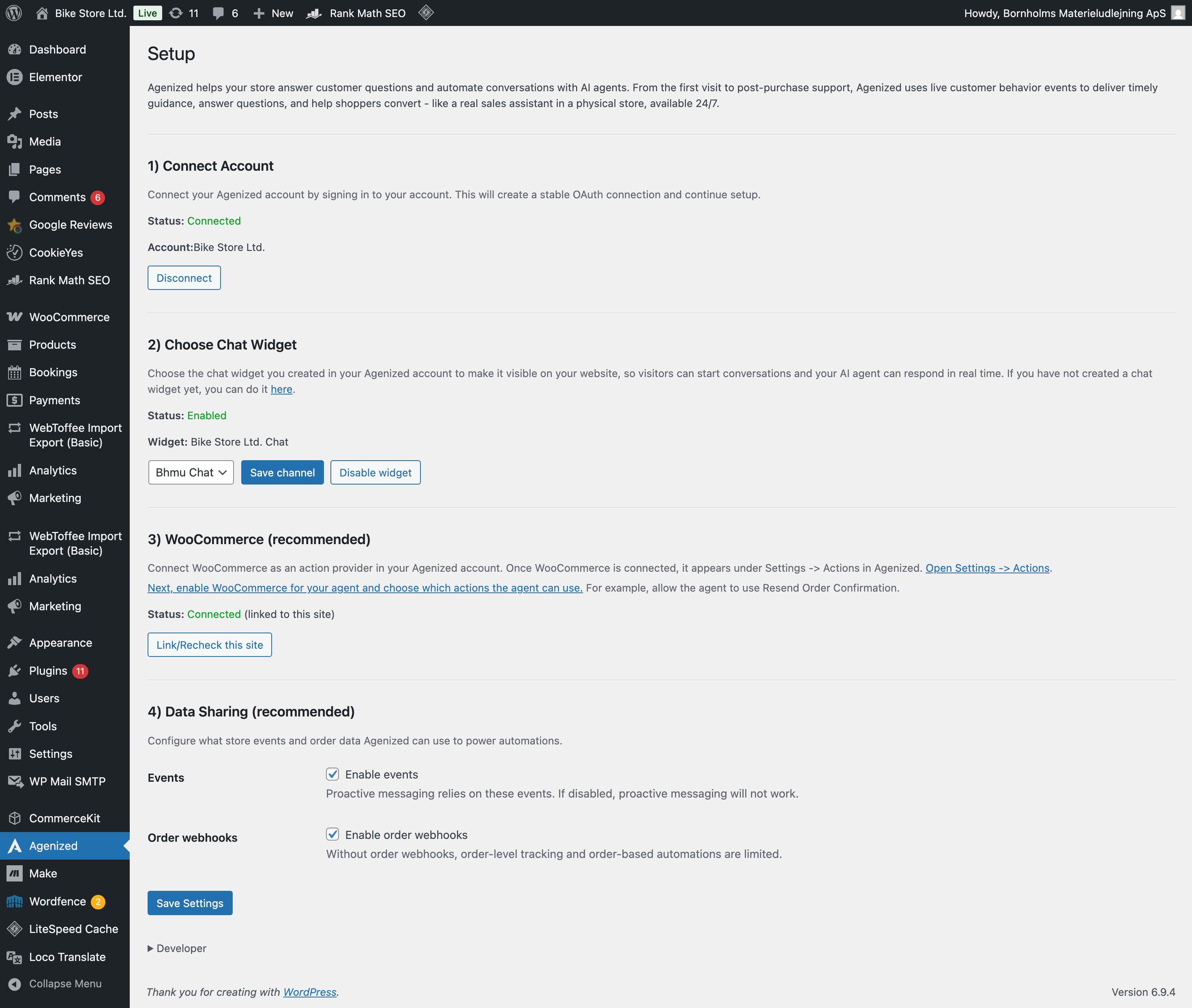 WordPress admin showing the Agenized for WooCommerce Setup page with connect account, chat widget, WooCommerce, and data sharing steps