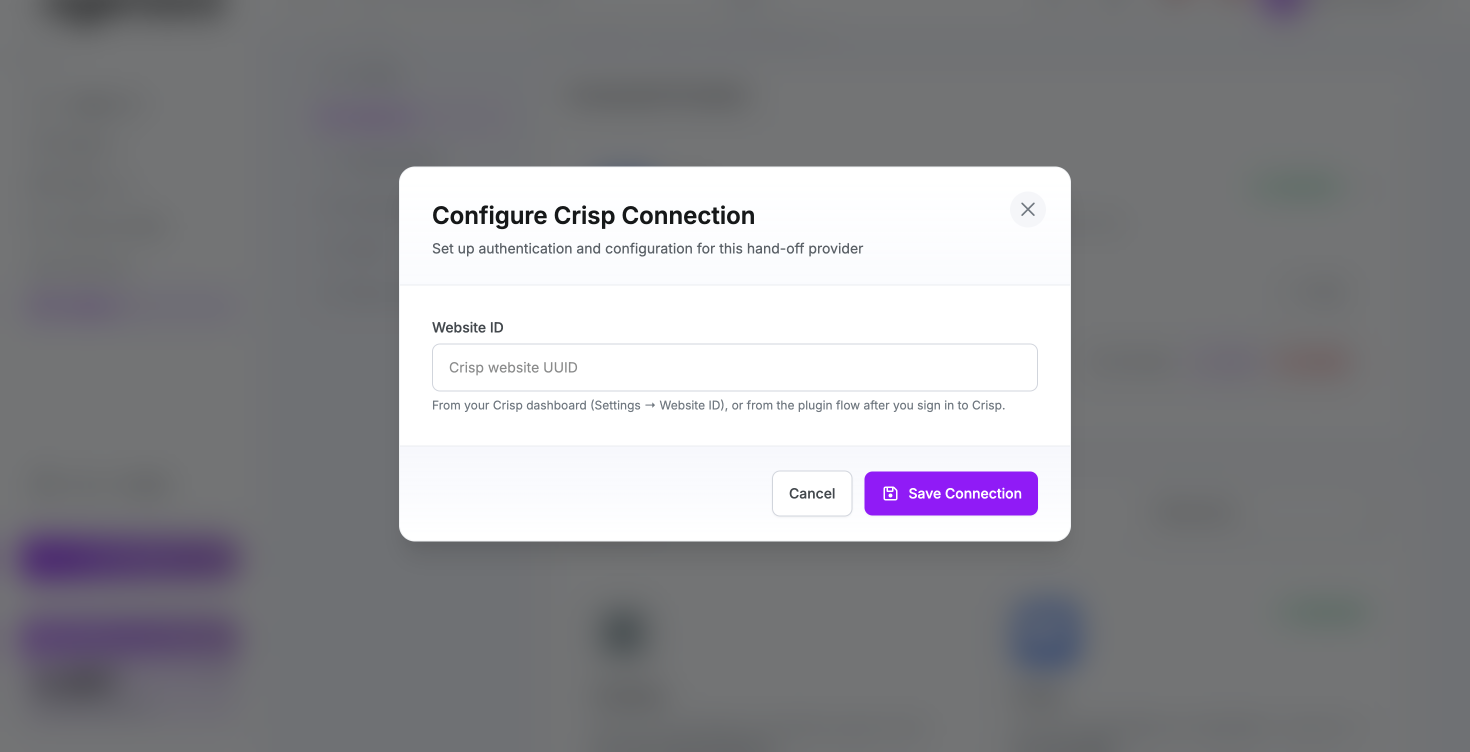 Modal to add a Crisp connection with Website ID
