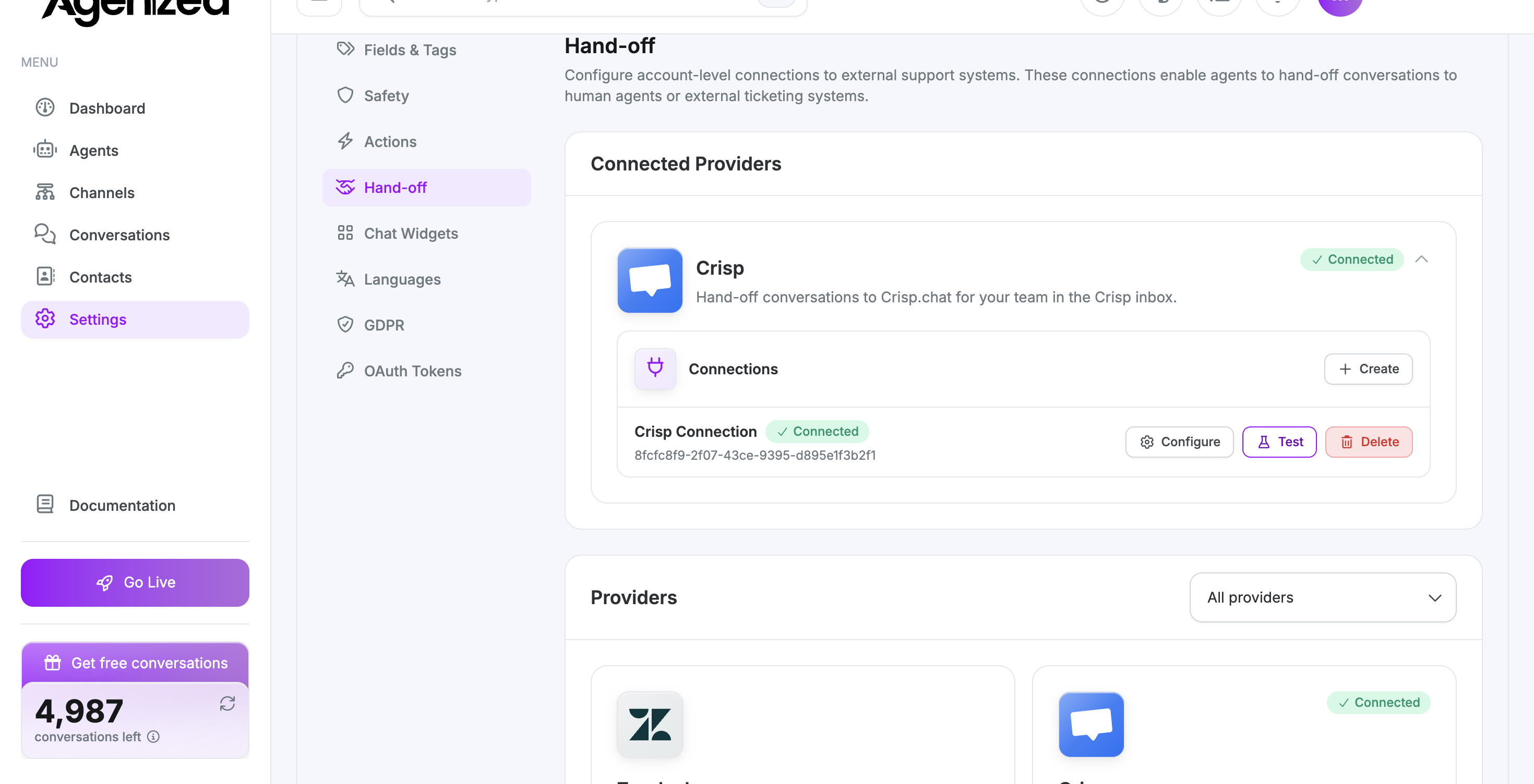 Crisp connection listed under Hand-off connections