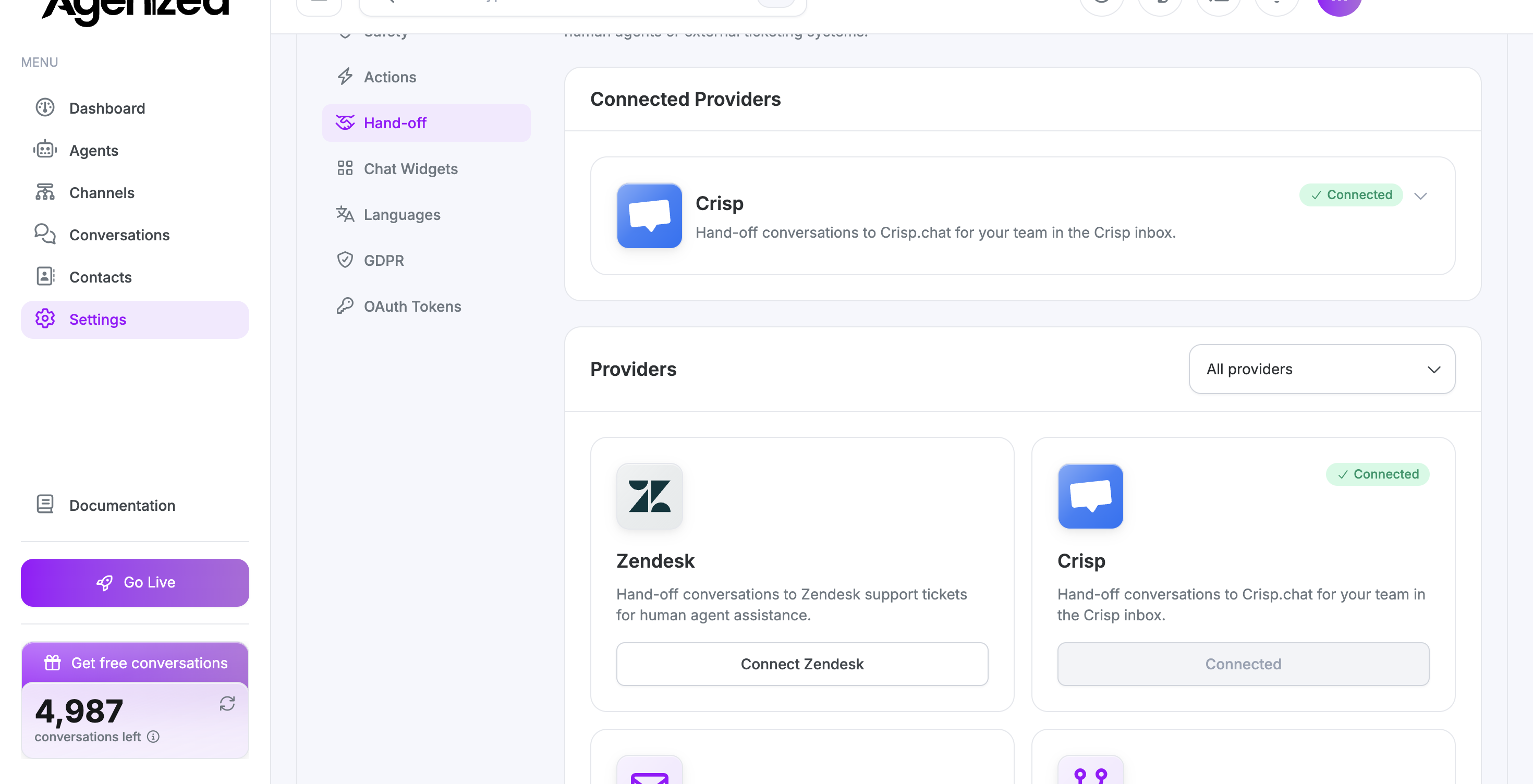 Crisp provider in the Hand-off list on Settings