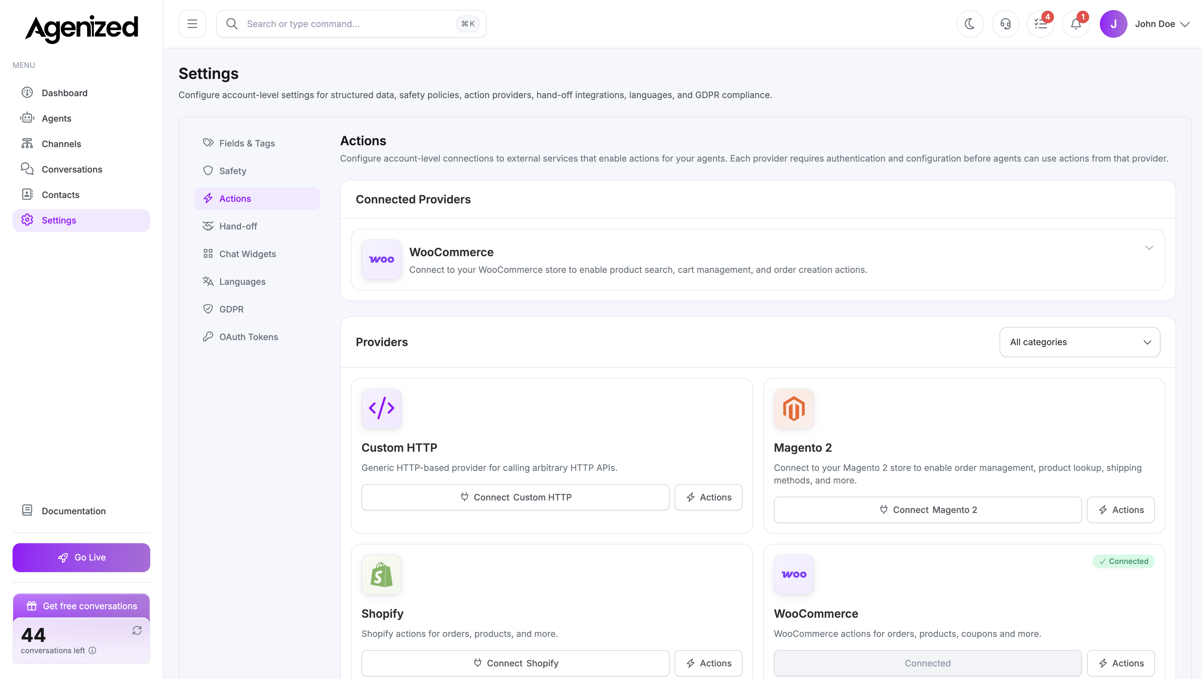 Settings actions page with providers
