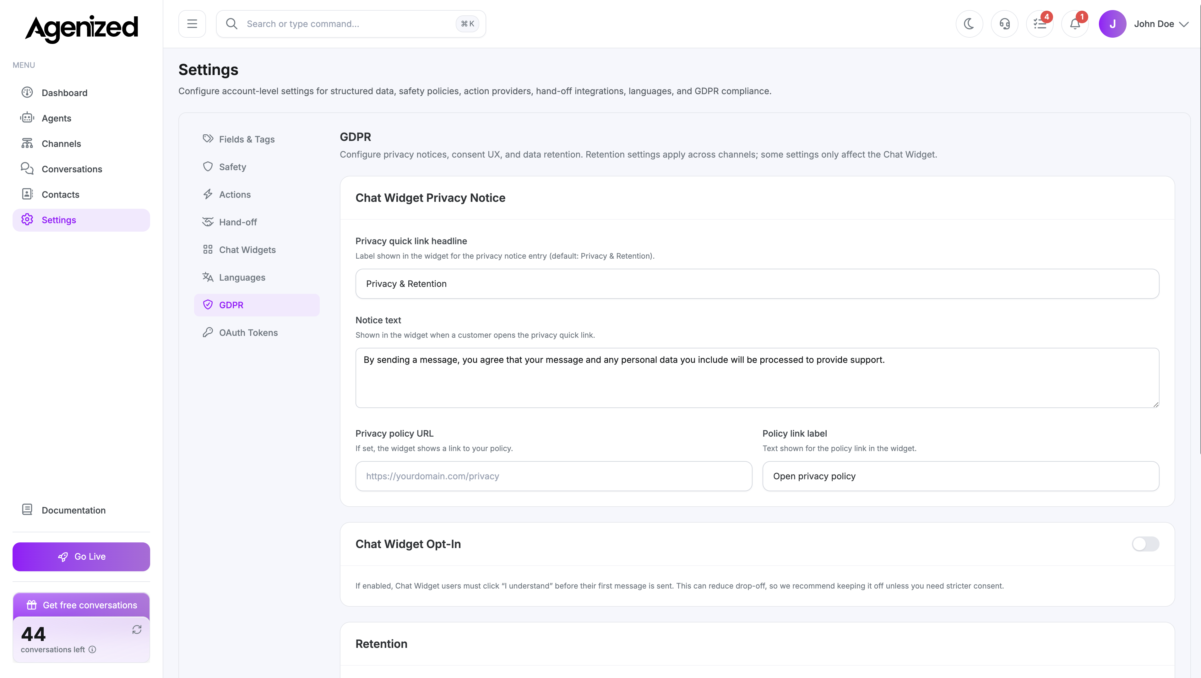 Settings GDPR page