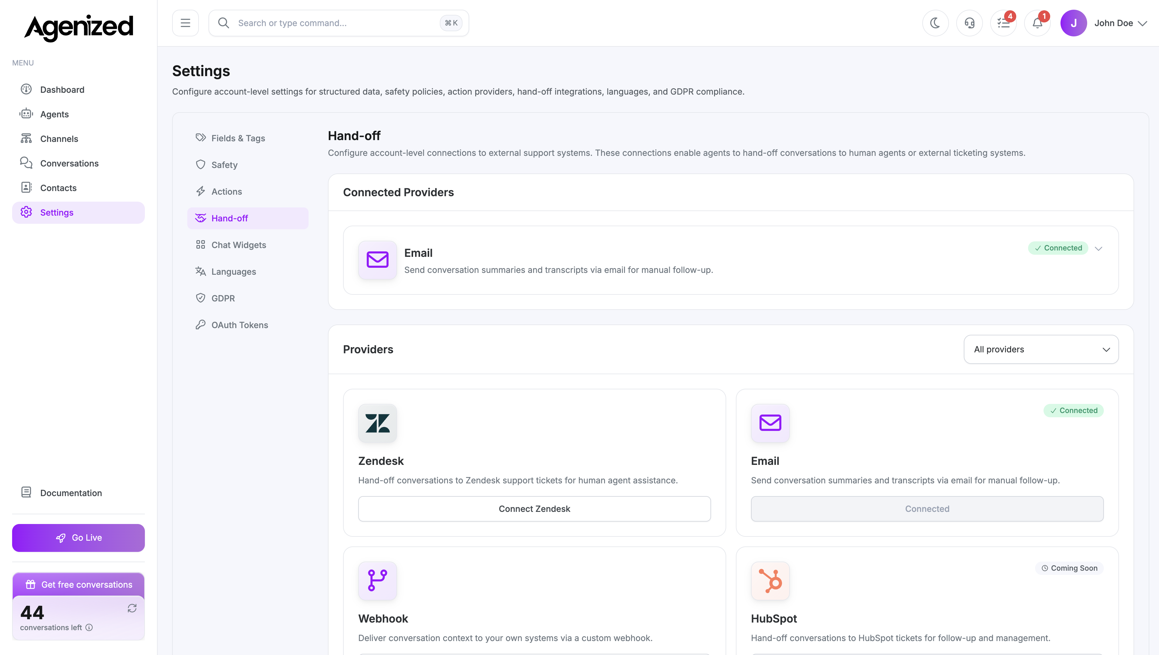 Settings hand-off configuration page