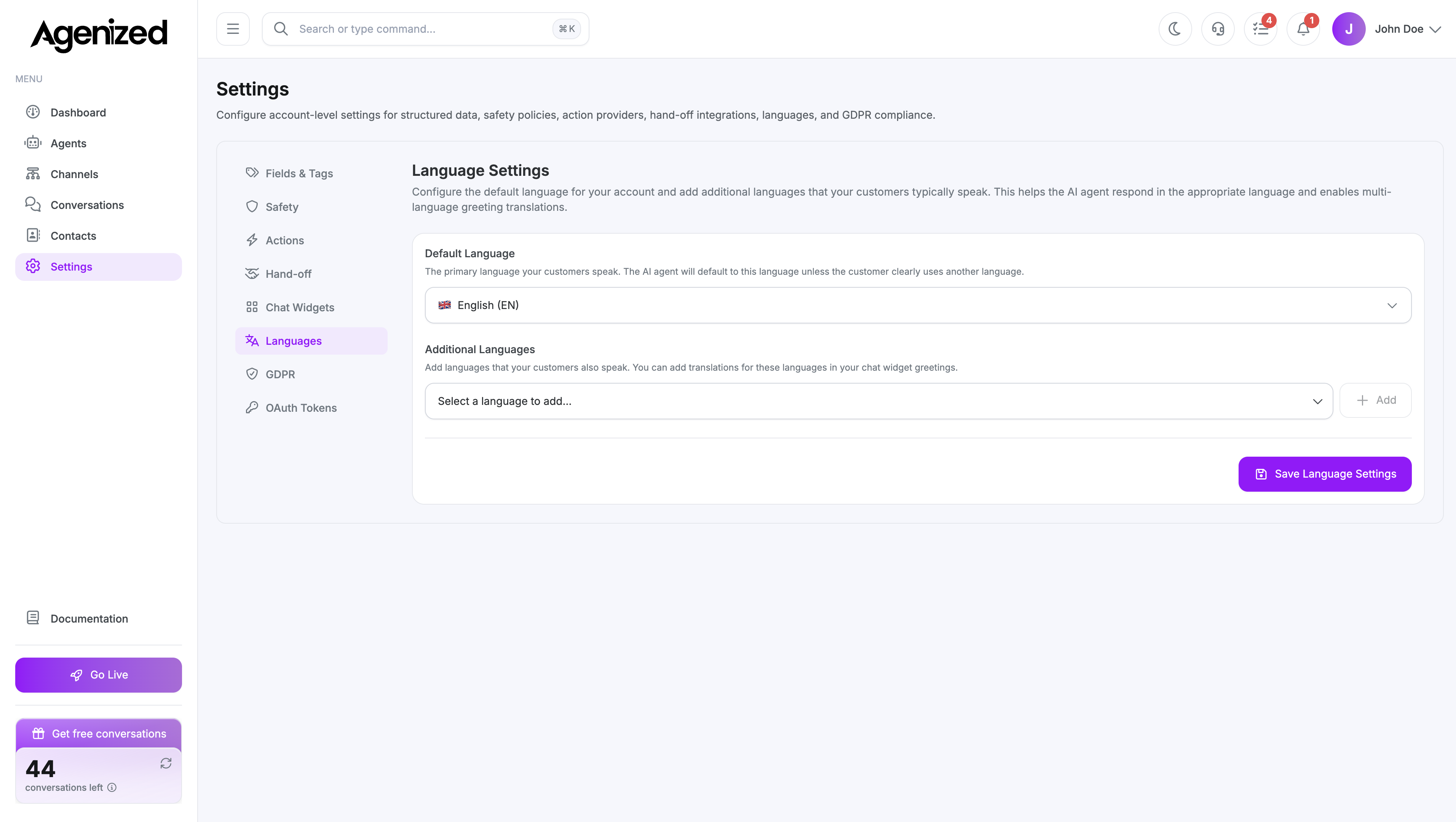 Settings languages page