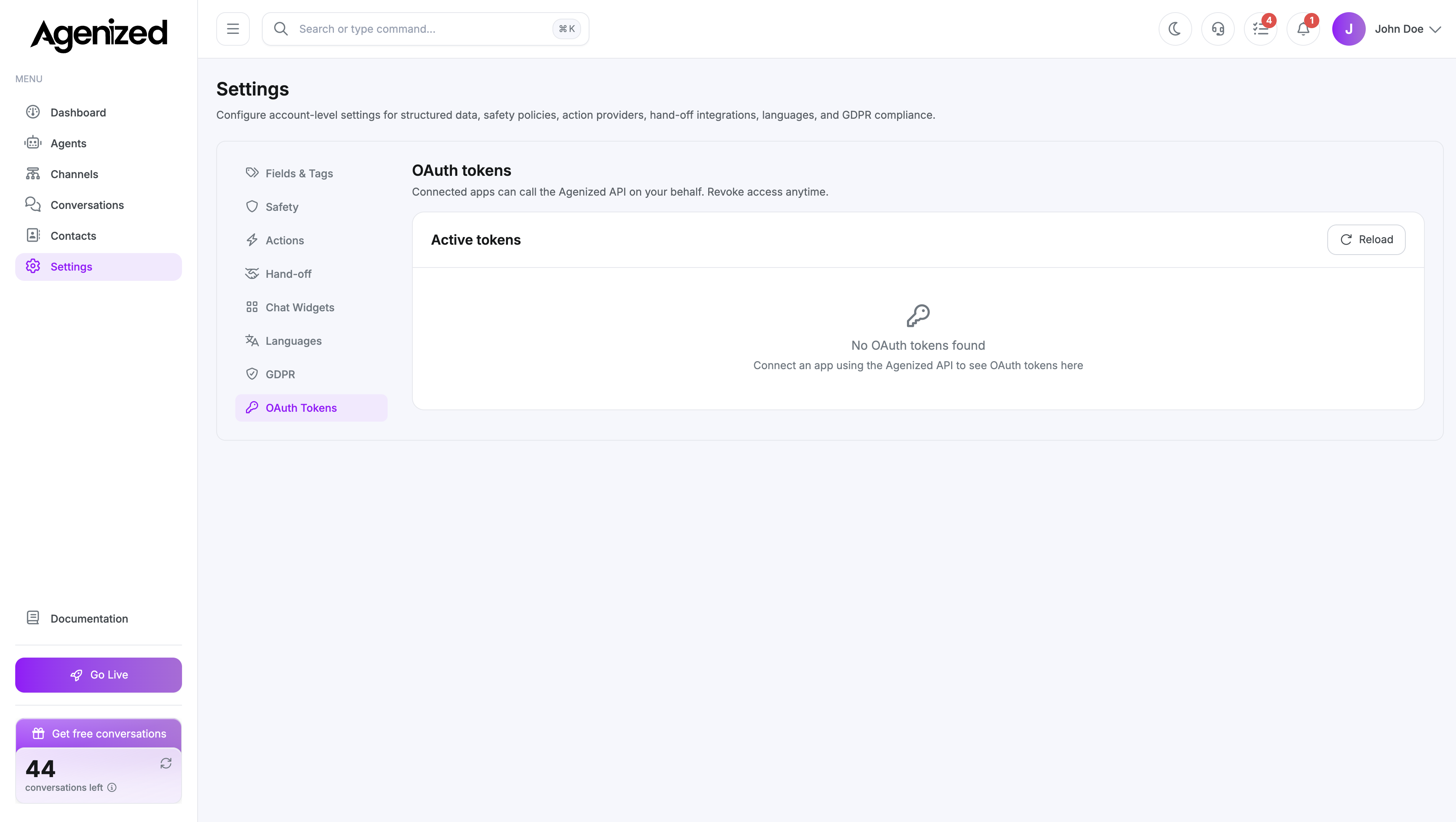 Settings OAuth tokens page