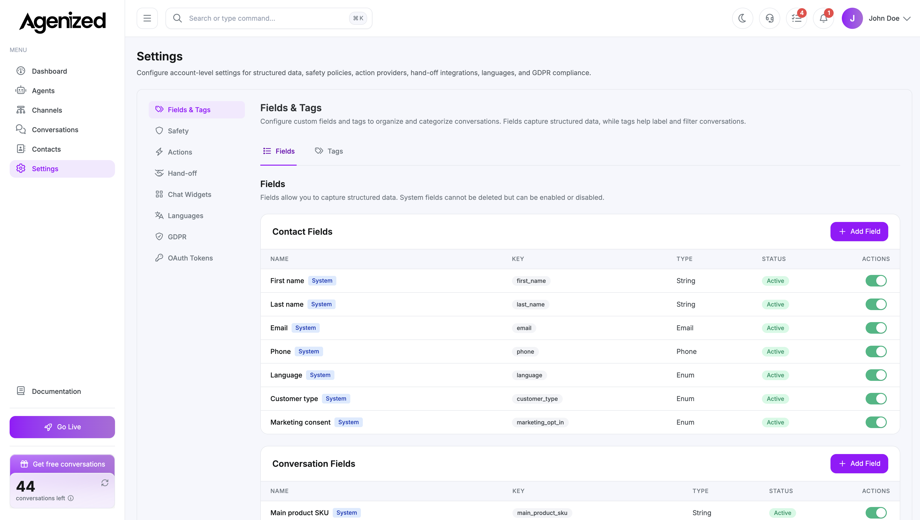 Settings overview page