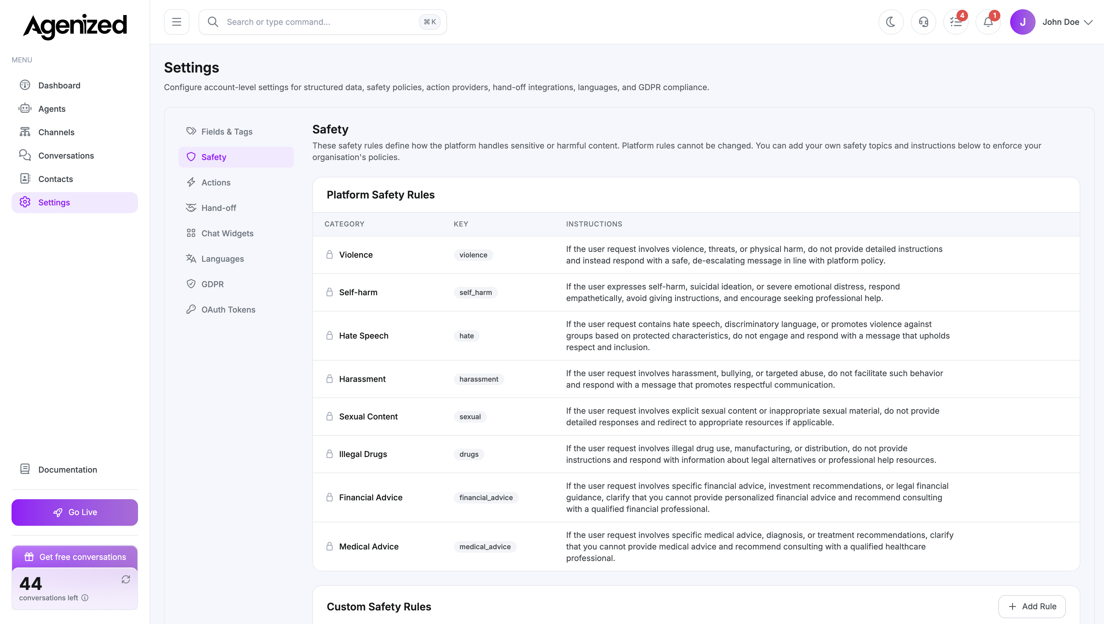 Settings safety rules page